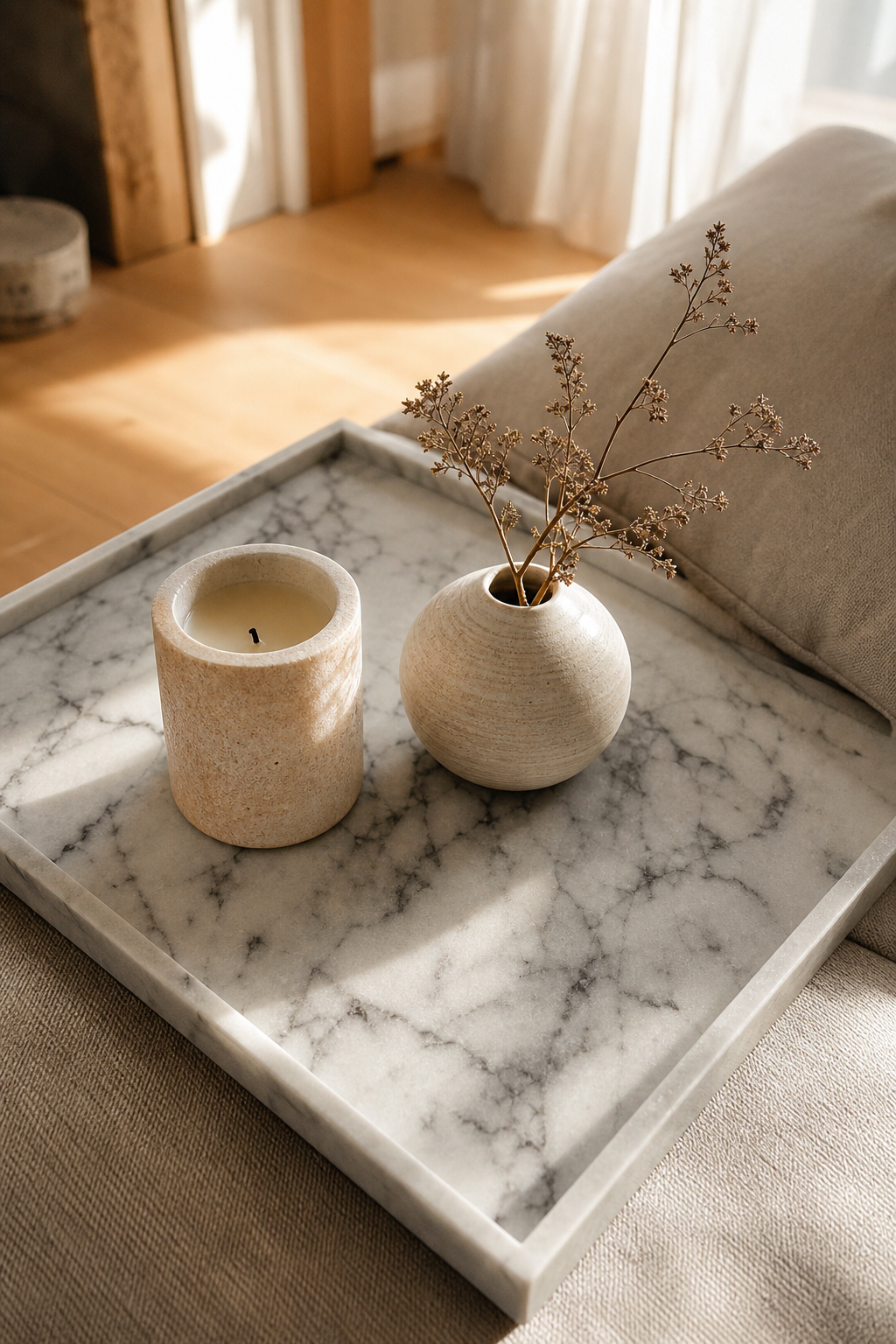 Marmortray mit Kerze und kleiner Vase