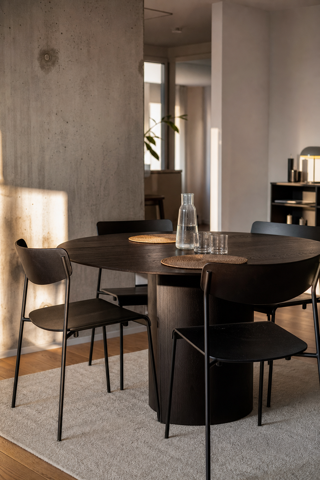 Dunkler Rundtisch in schmalem Esszimmer