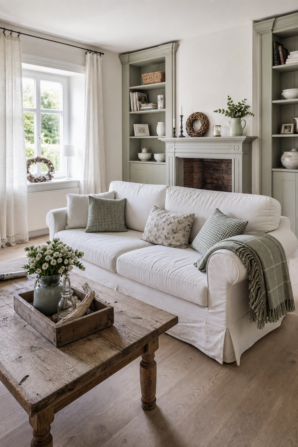 weißes sofa mit rustikalem couchtisch