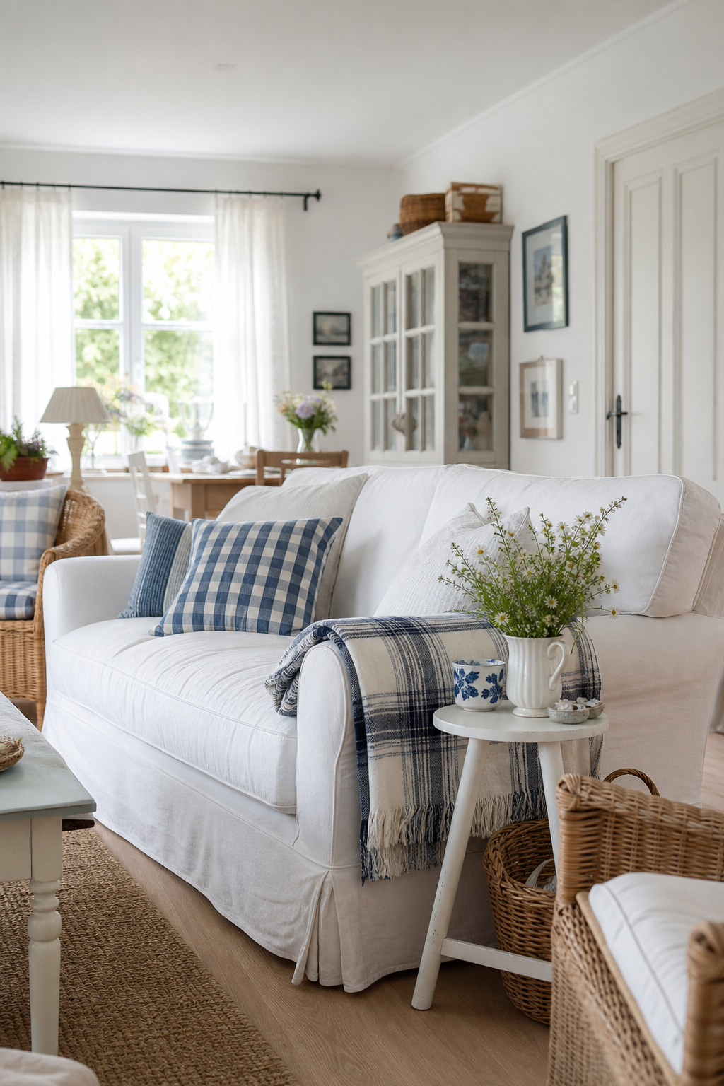 Modernes Landhauswohnzimmer mit hellem Sofa