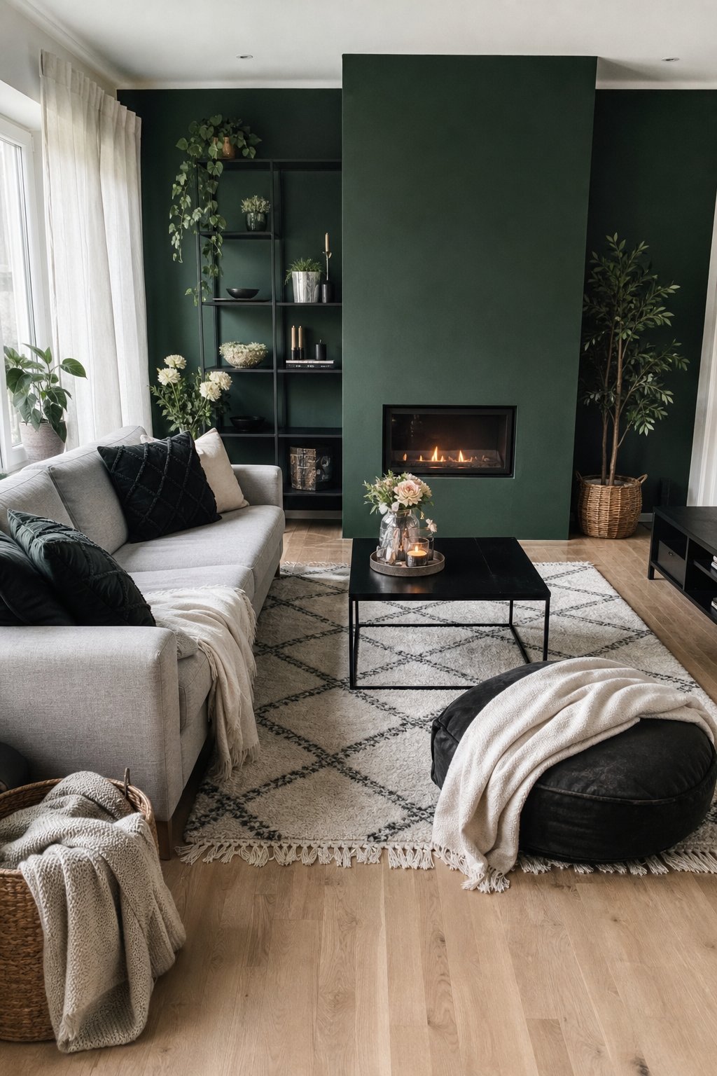 Modernes Wohnzimmer mit smaragdgrüner Wand
