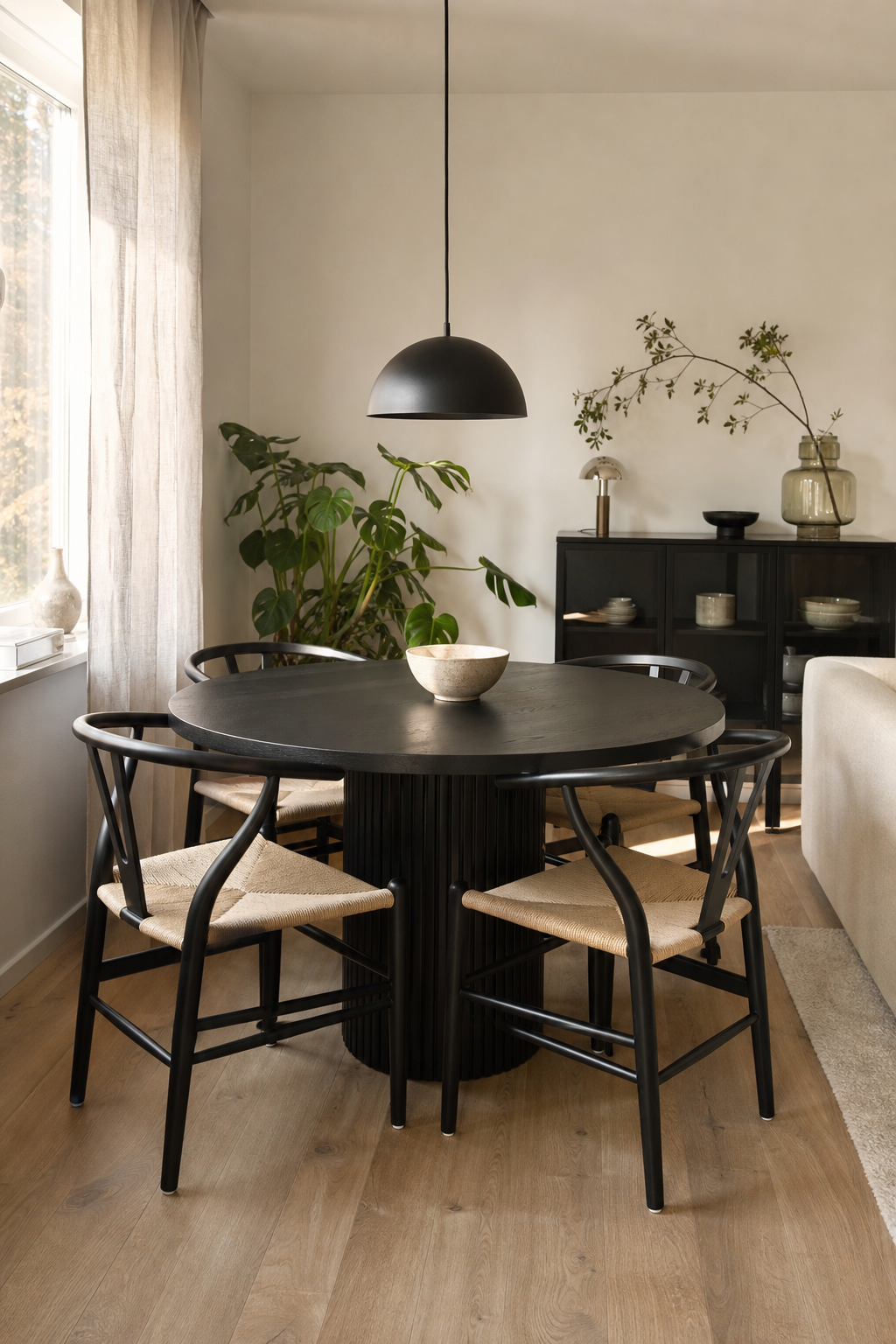 Monochromes Esszimmer runder schwarzer Tisch