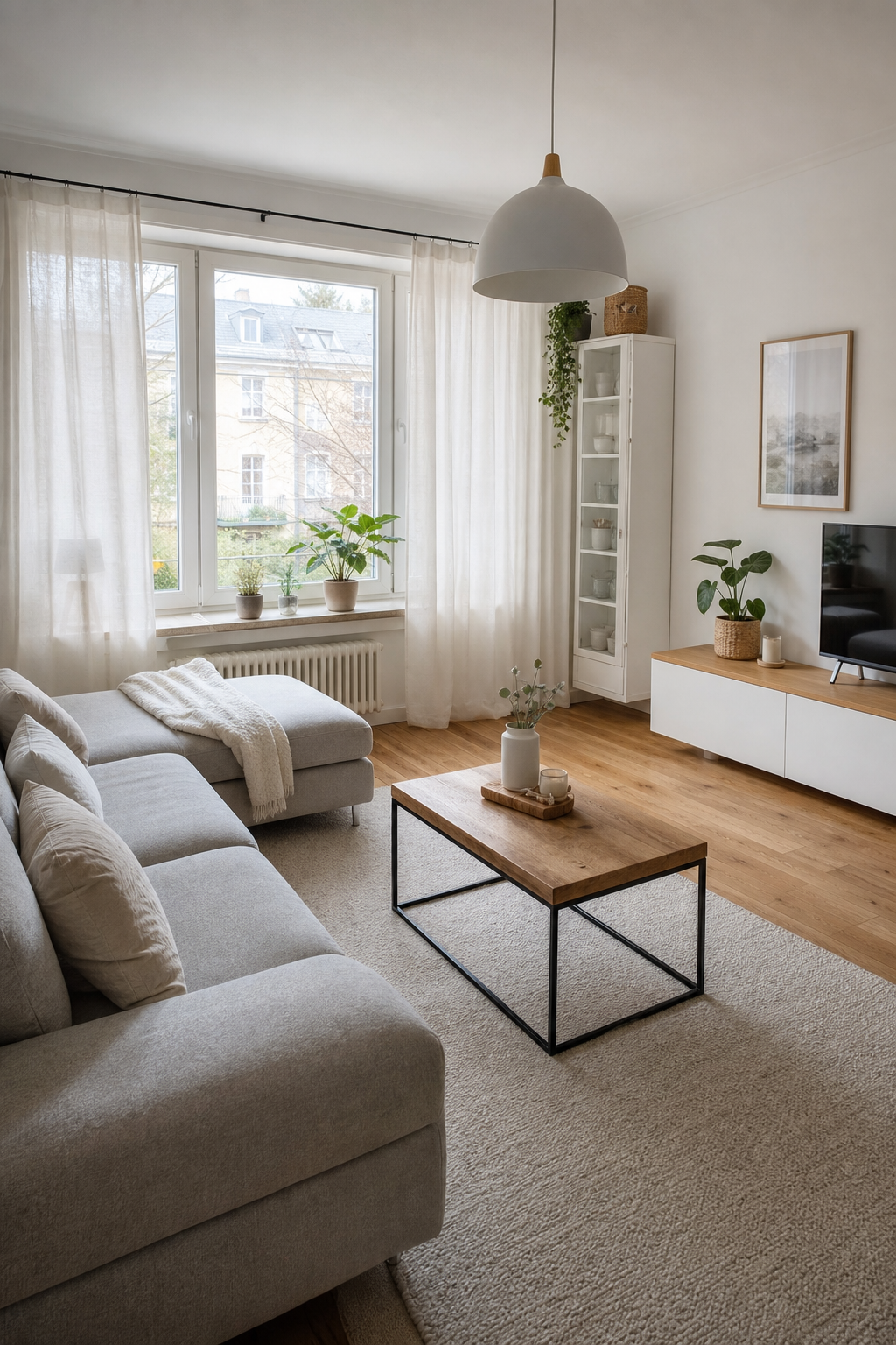 Naturfarbener Couchtisch im skandinavischen Wohnzimmer