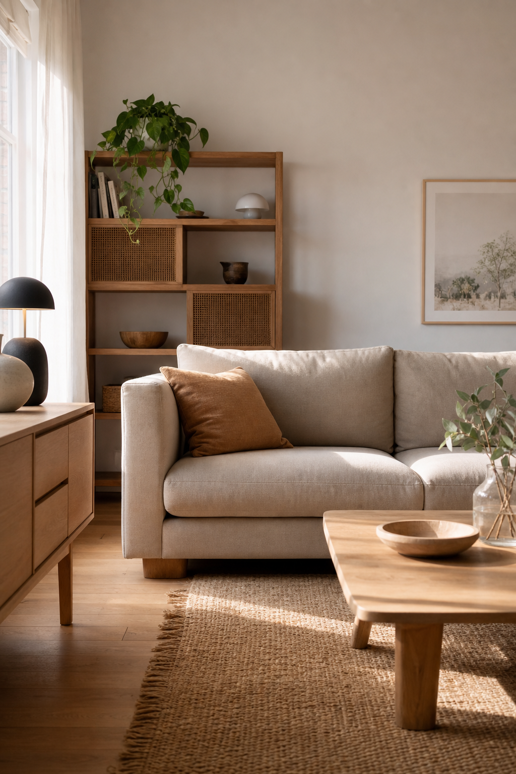 Skandinavisches Wohnzimmer mit Holzmöbeln und Sandsofa