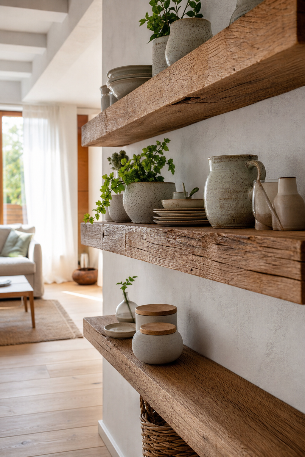 schwebende naturholz boards mit keramik