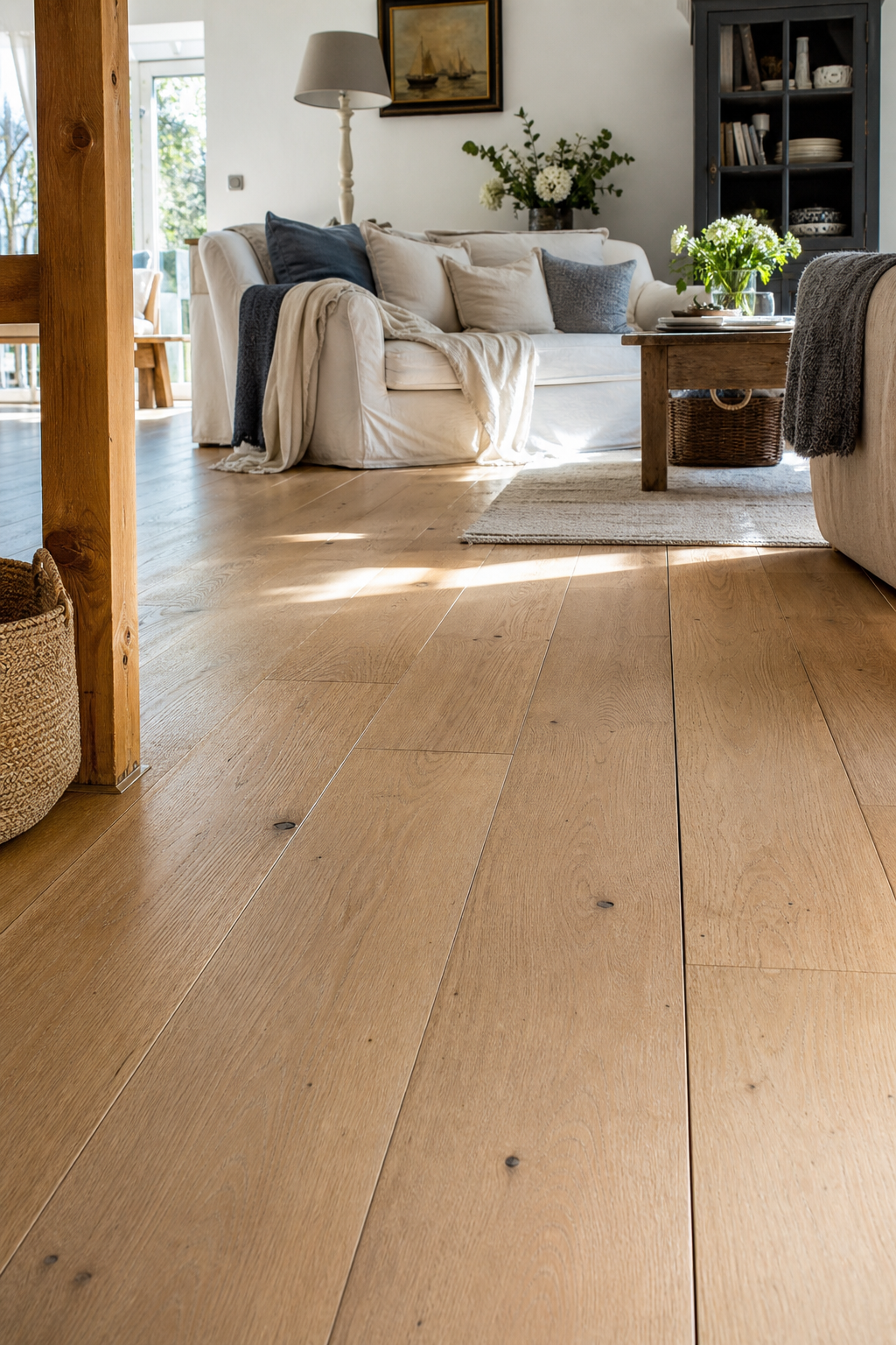Holzboden vor Sofa in Wohnküche