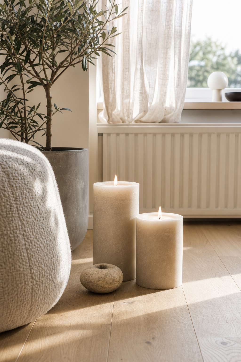 neutrale kerzen mit kleinem steinobjekt