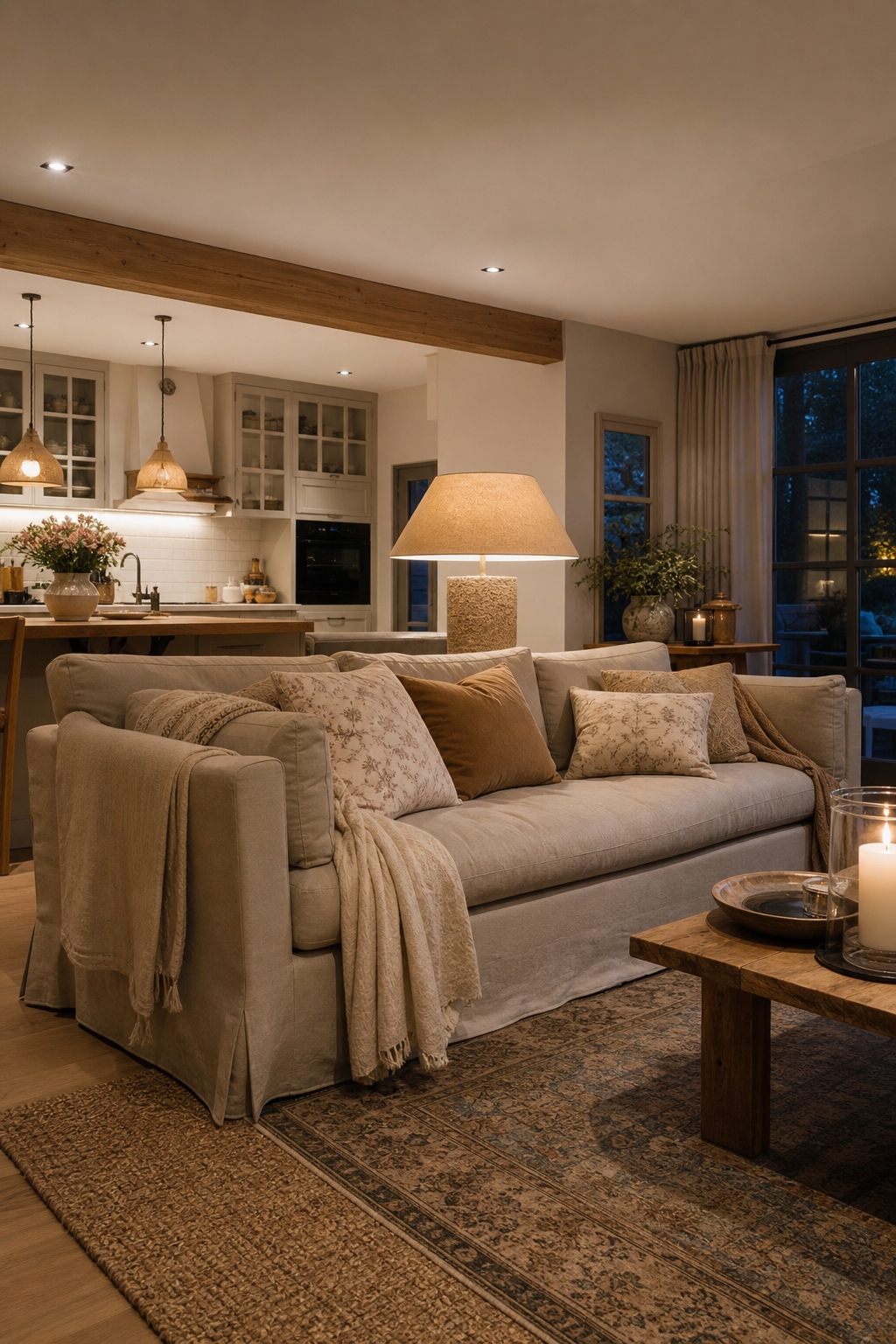 Beige Stoffsofa in offener Landhauswohnküche
