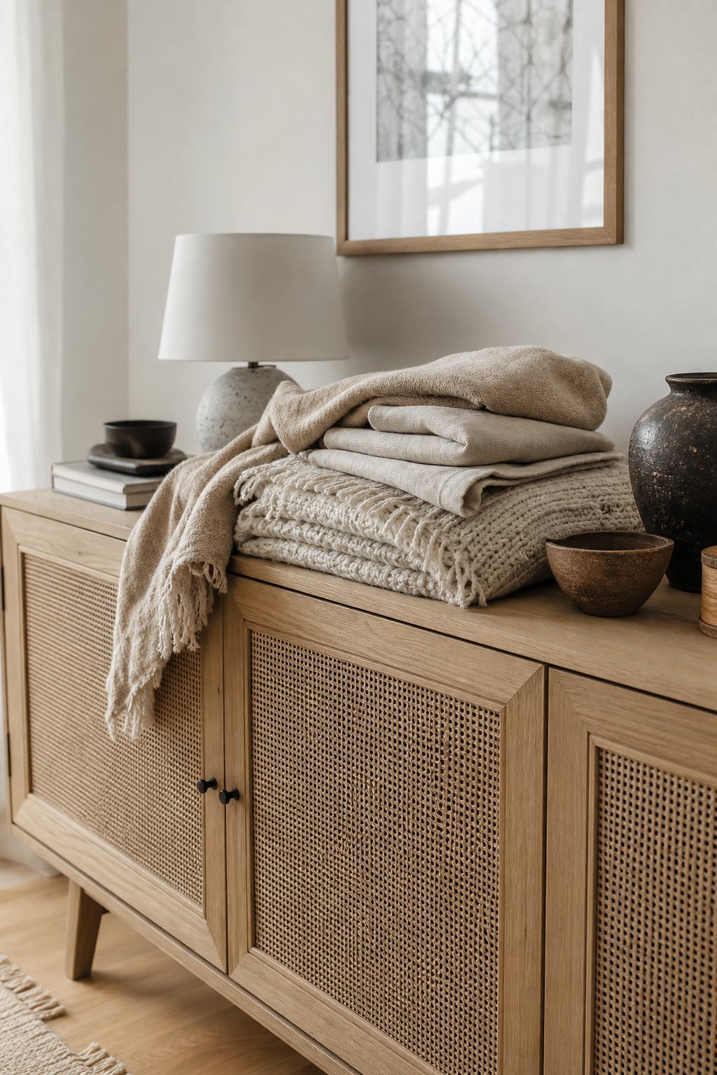Niedriges Holzsideboard mit neutralen Textilien