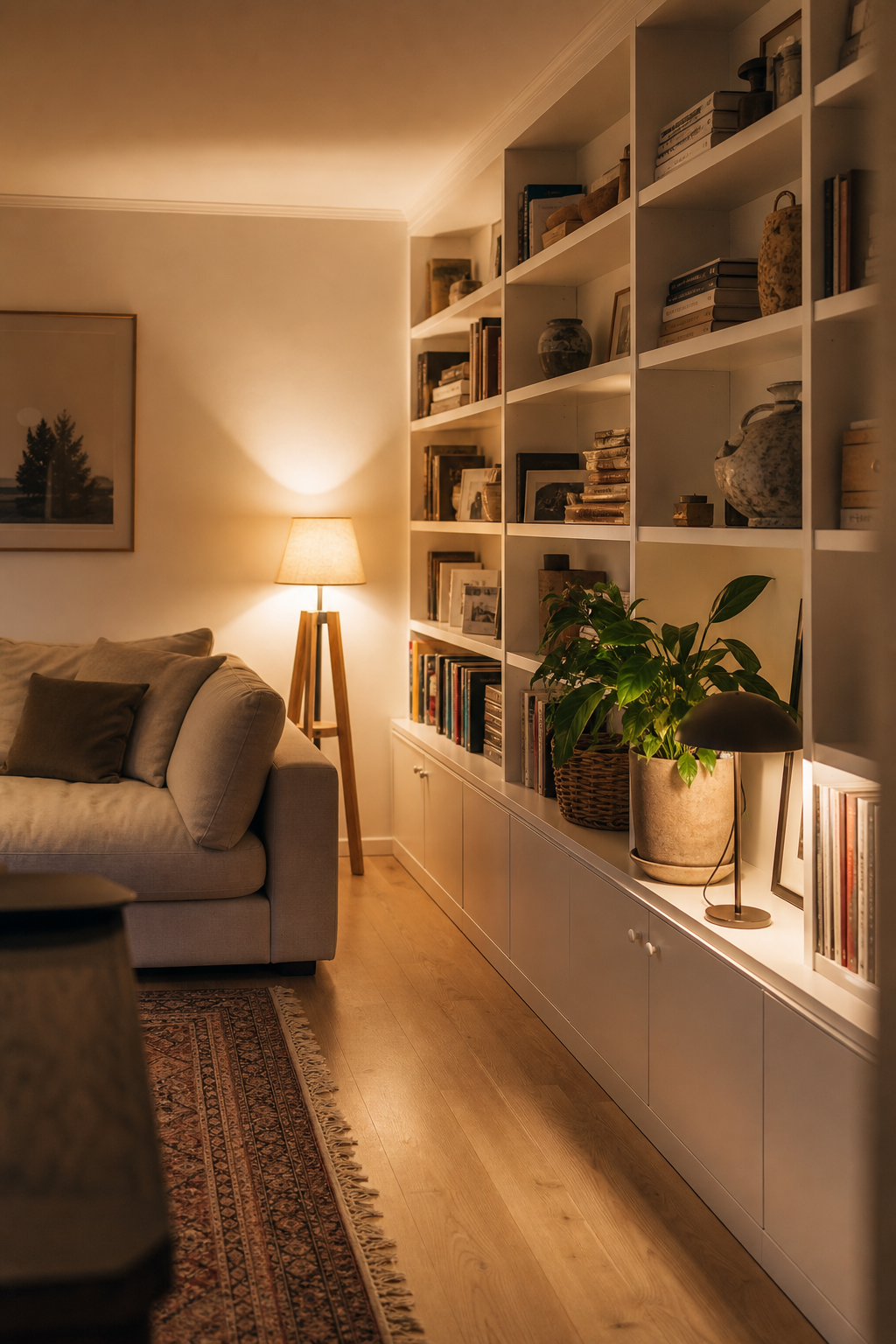 eingebaute regalwand mit dekor und sofa