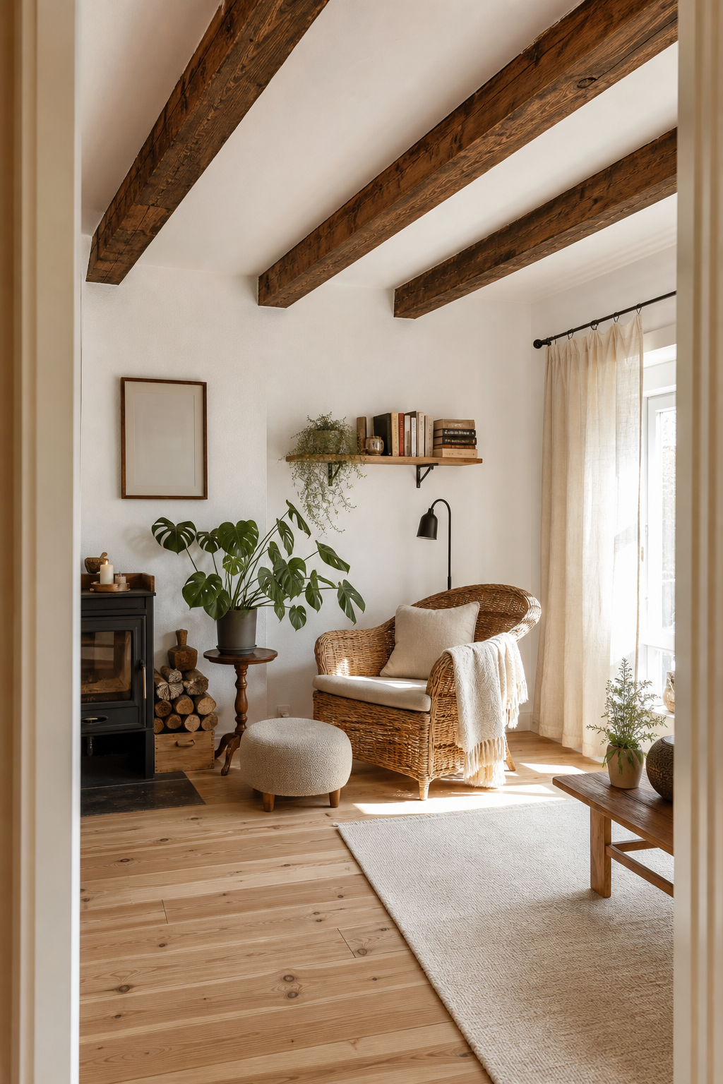Offene Ecke mit Holzbalken und Naturtextilien