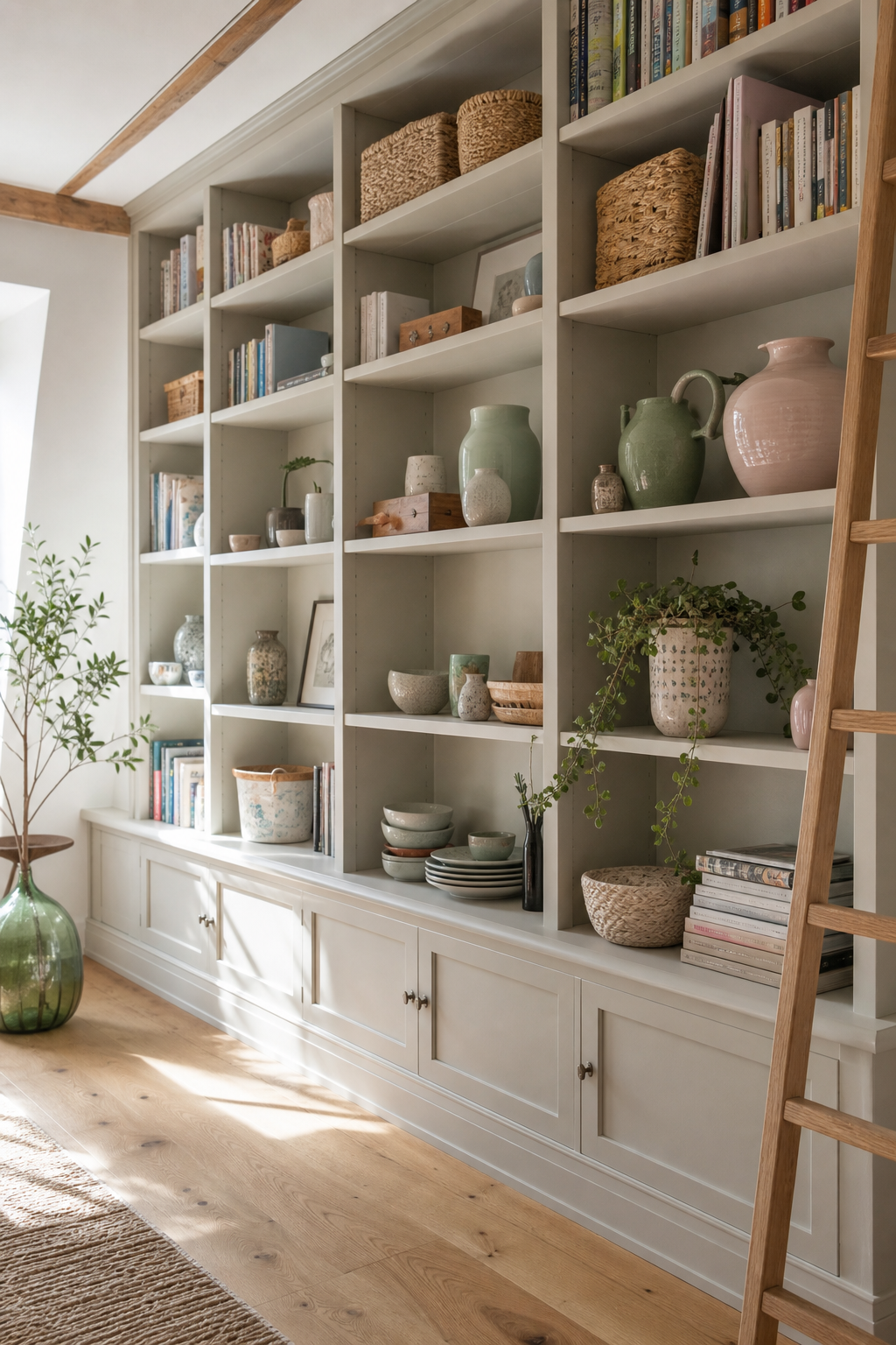 Offene Regent mit Büchern und Pastelldeko