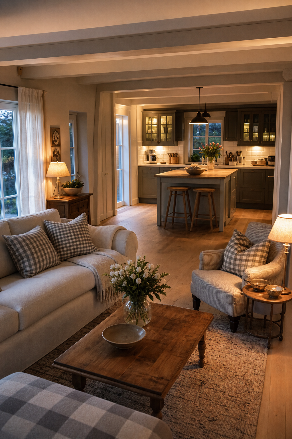 Offenes Farmhouse Wohnzimmer mit sichtbarer Küche