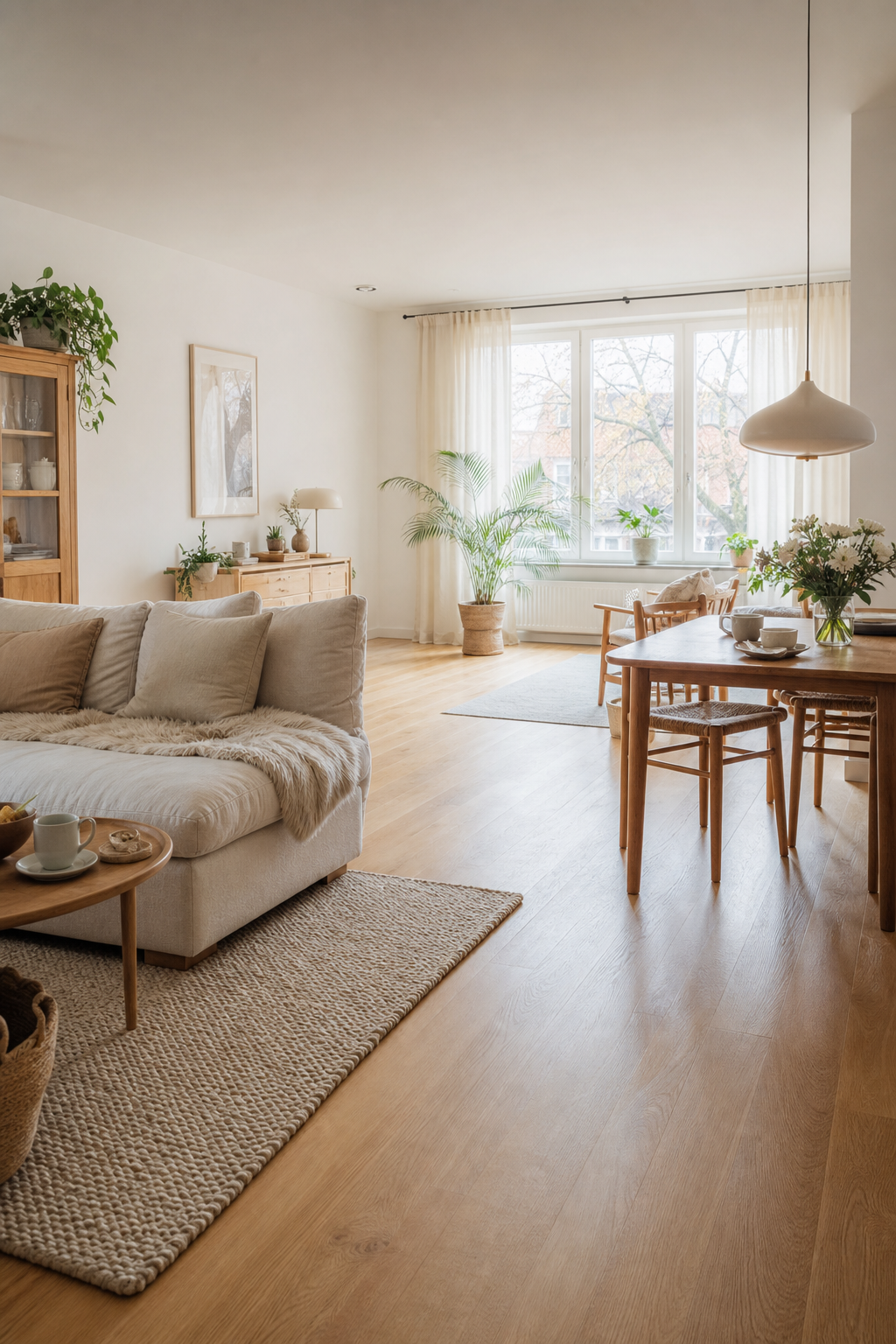 Offenes Wohn-Esszimmer mit durchgehendem Holzboden