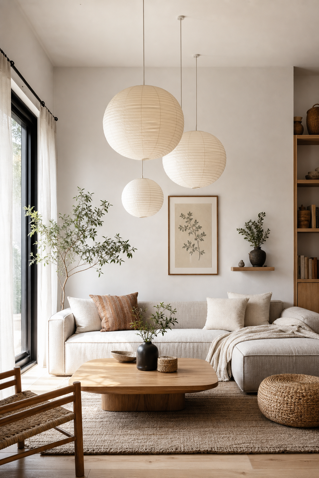 Offenes Wohn-Esszimmer mit weißen Bauhaus-Hängelampen