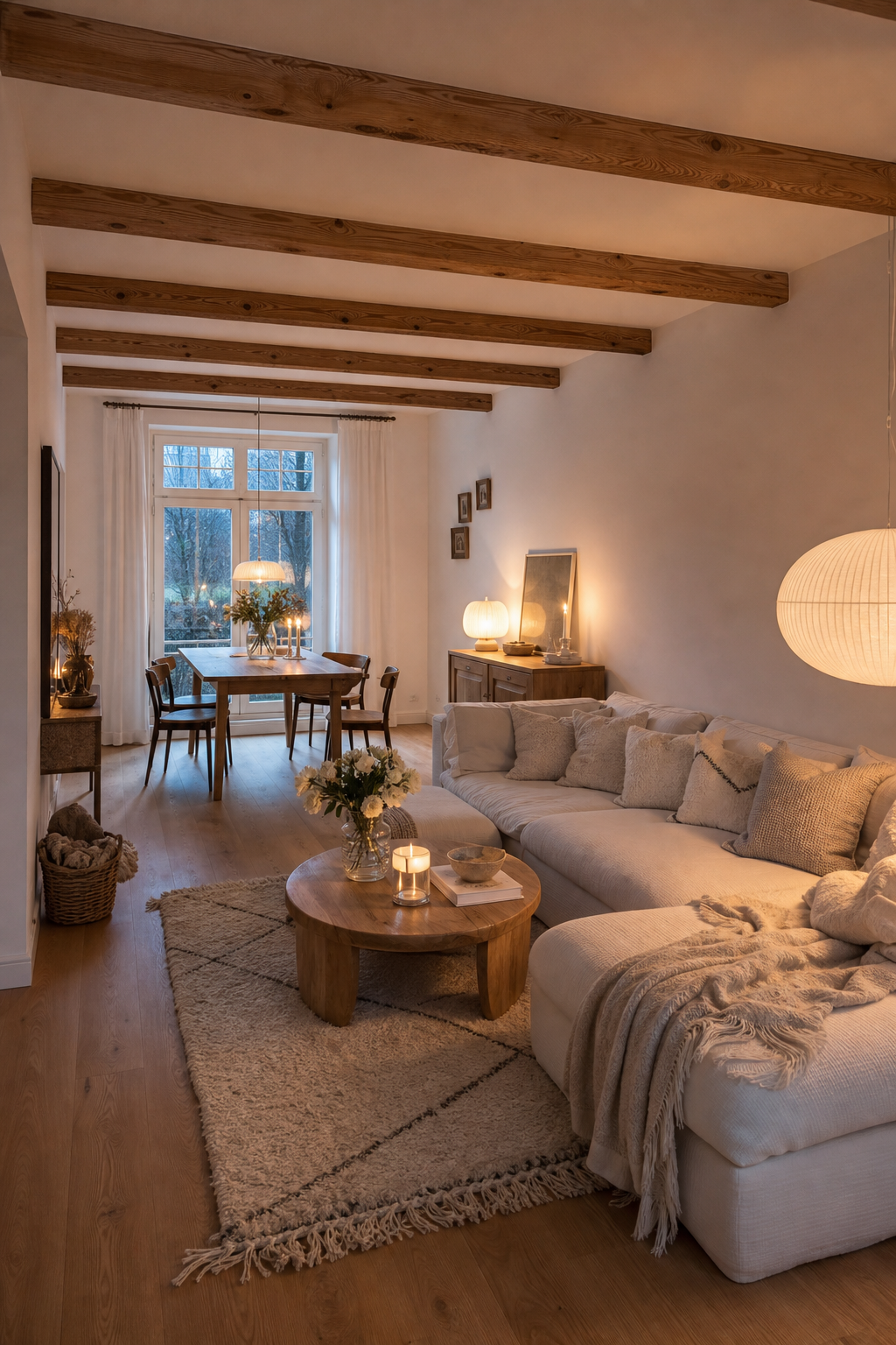 offenes wohnzimmer mit sichtbaren holzbalken