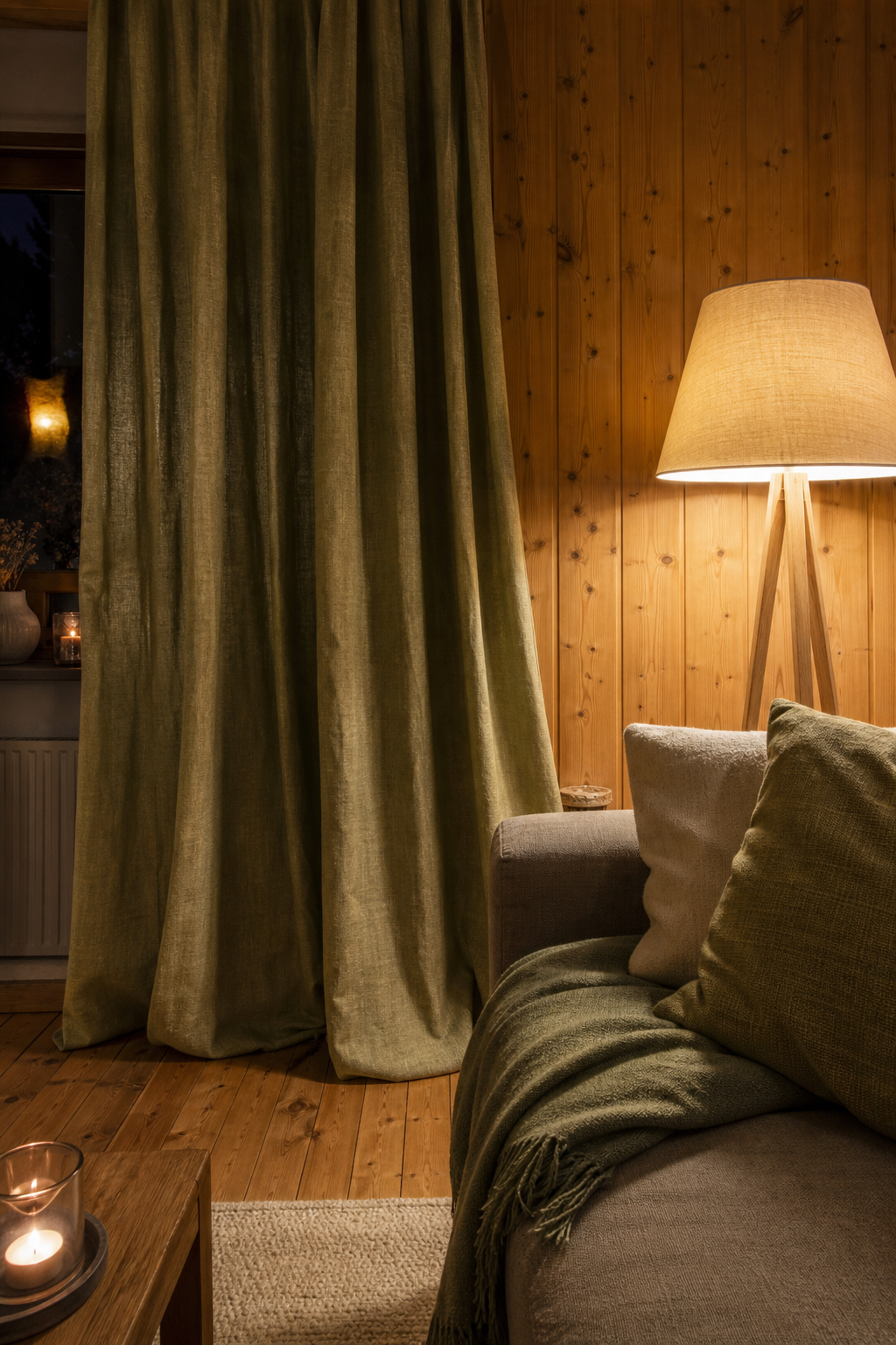 Olivgrüne Leinenvorhänge am Fenster Holzwohnzimmer