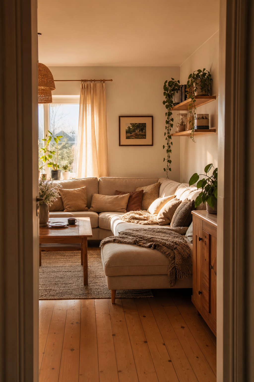 Sofa in L-Form mit Chaise und Kissen