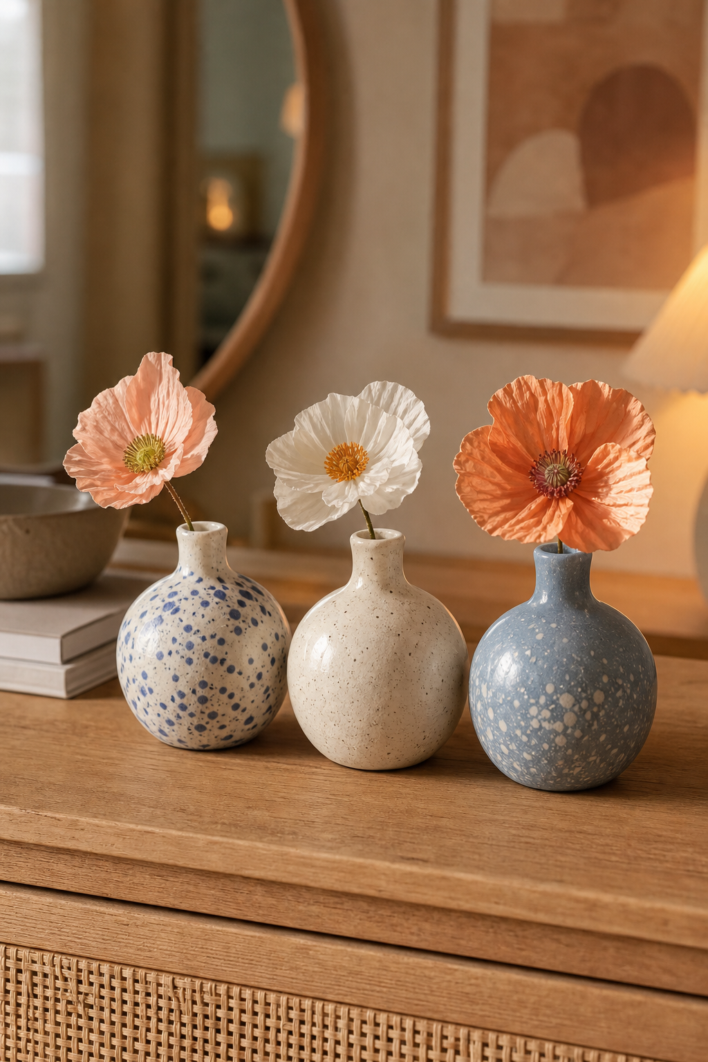 drei kleine bunte vasen mit papierblumen nahaufnahme