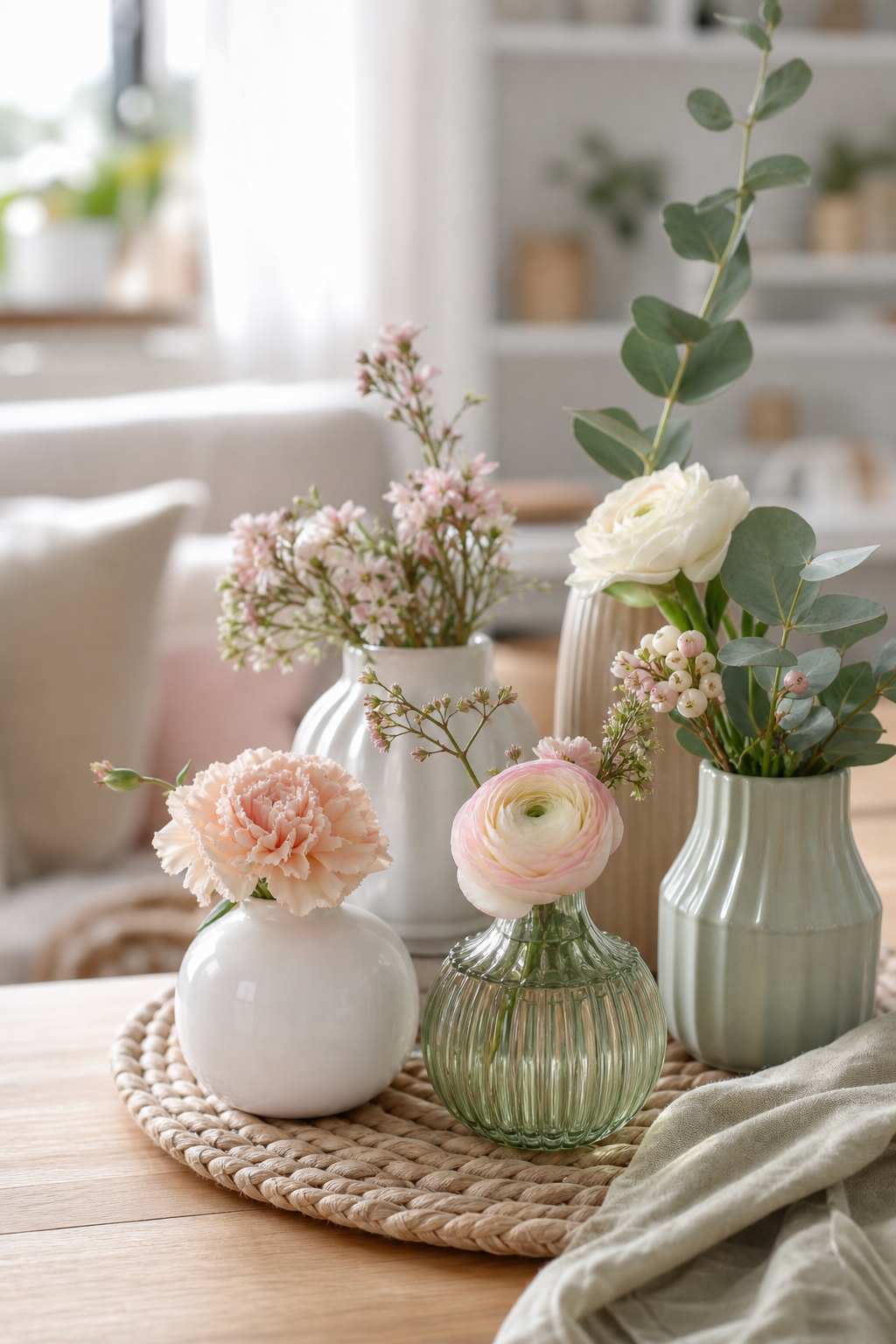 Pastellblumen in Mini‑Vasen auf Tisch