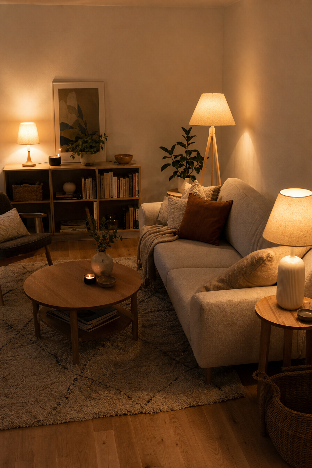 Cluster aus Tisch und Stehlampen im Wohnzimmer