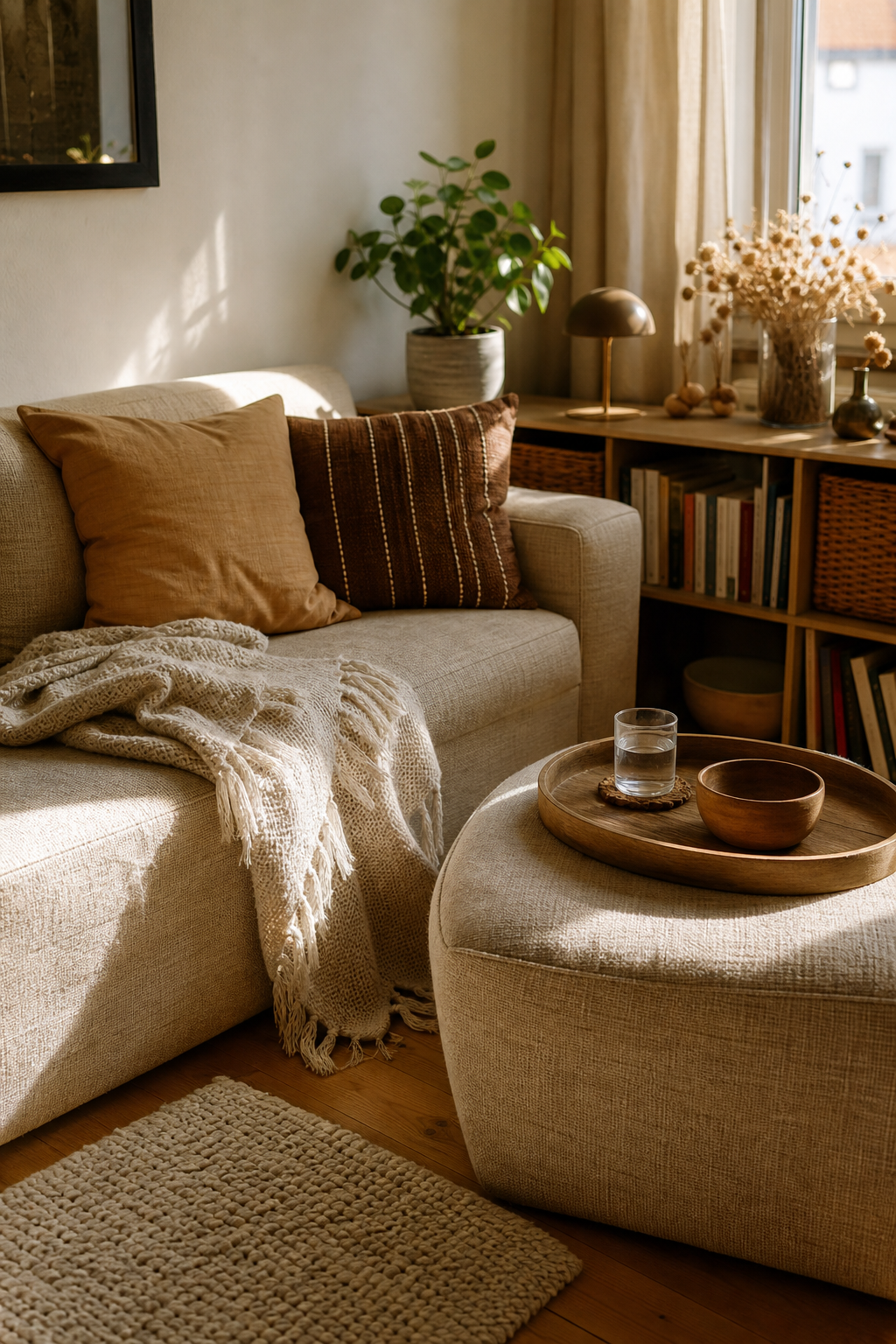 Kleine Sofa-Ecke mit Pouf, warme Töne