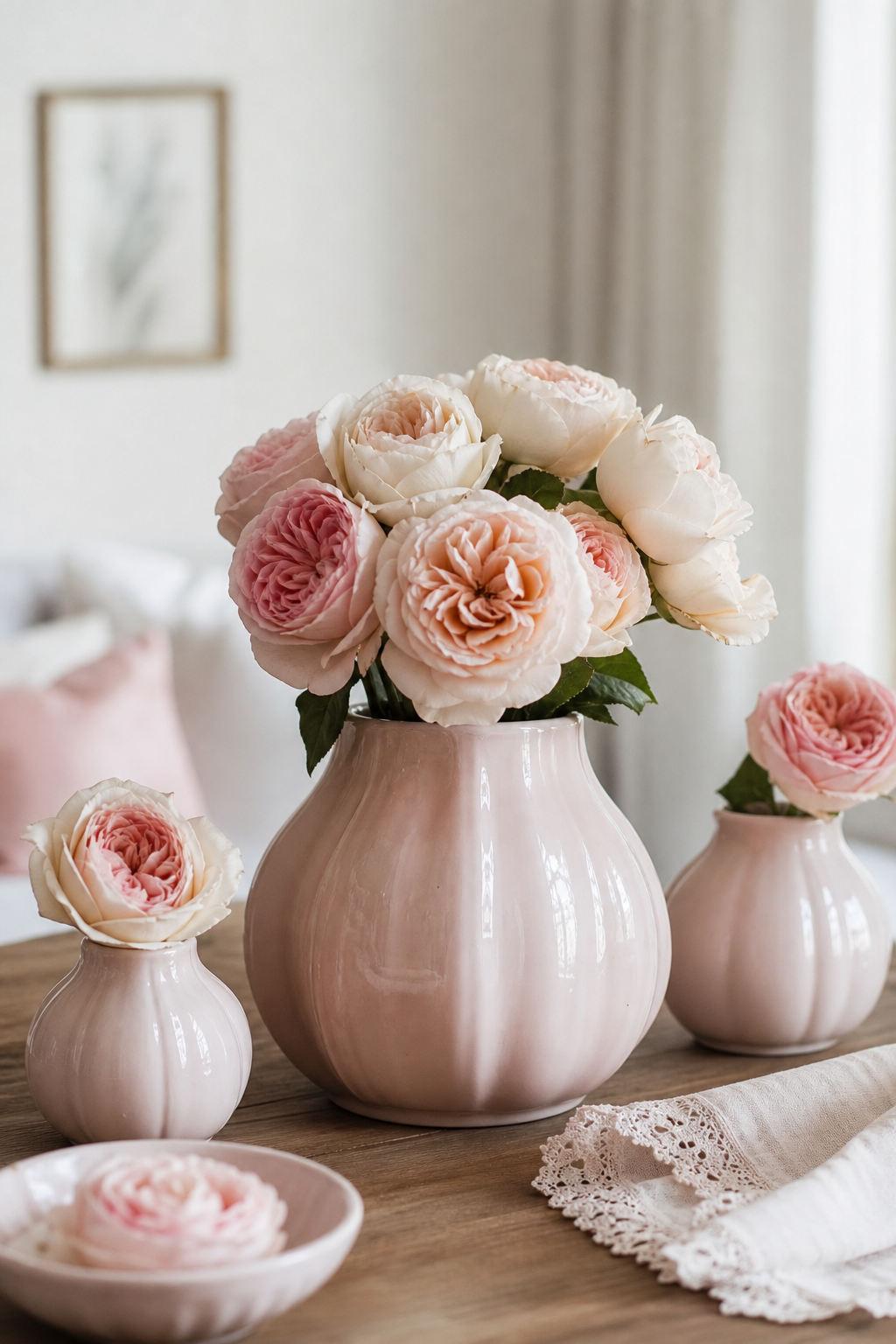 bauchige rosenvase mit kleinen vasen