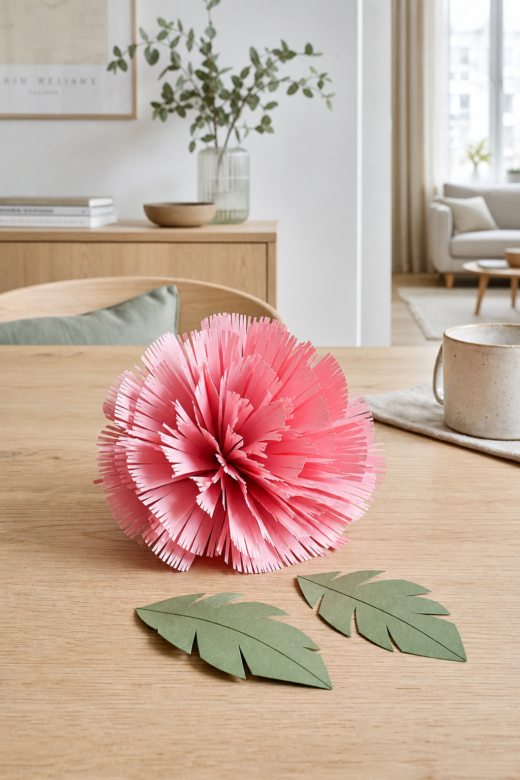 rosa fransenpapierblume mit zwei blättern