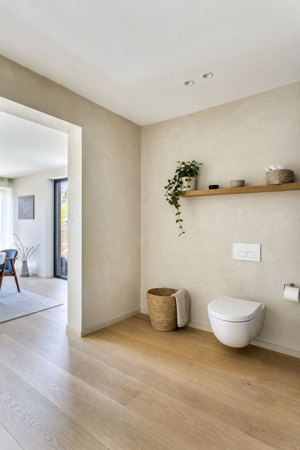 WC mit glatter Putzwand und wandtoilette