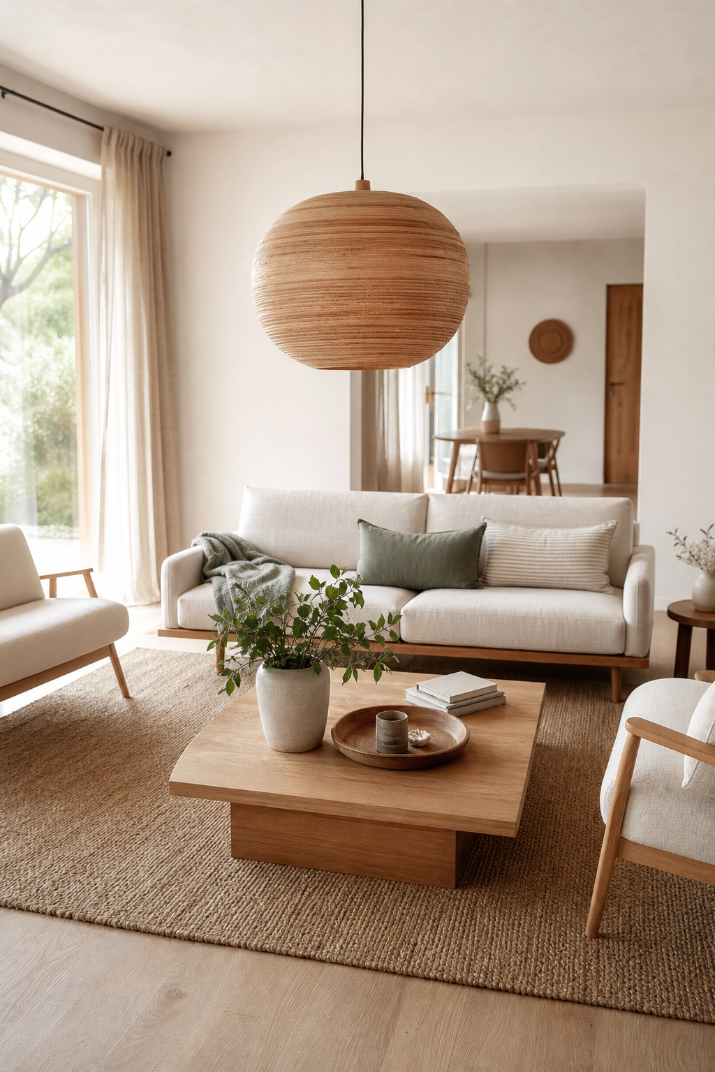 runde holzpendelleuchte über couchtisch