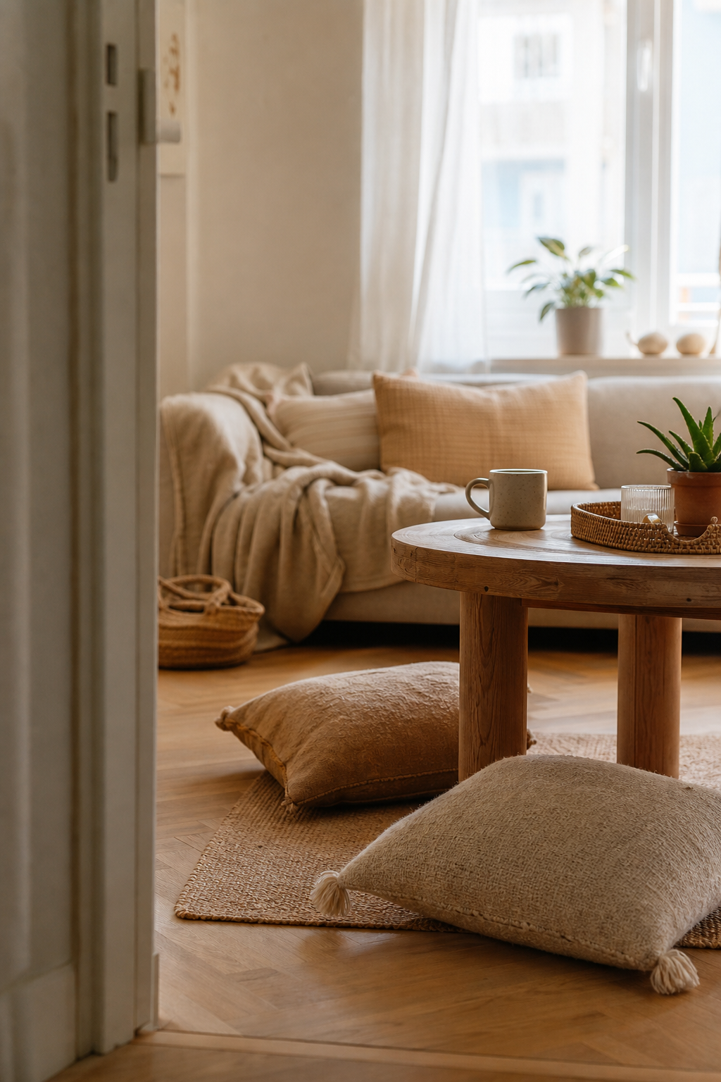 runder holztisch mit bodenkissen