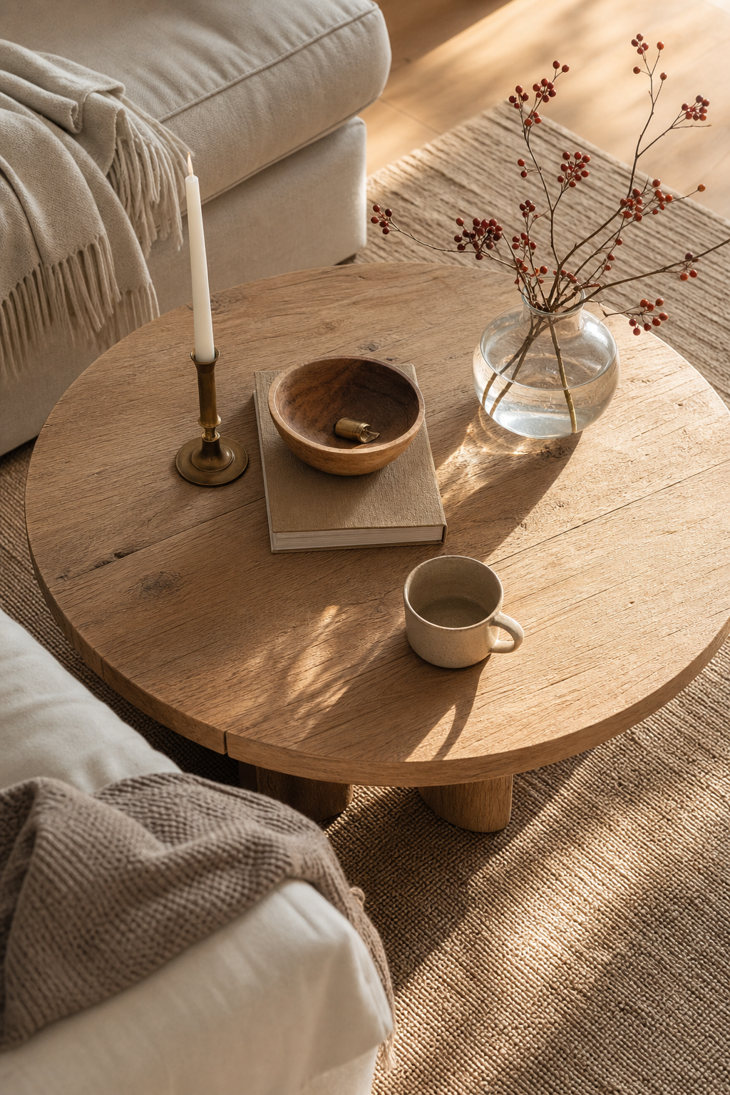 runder holztisch im wohnzimmer detail