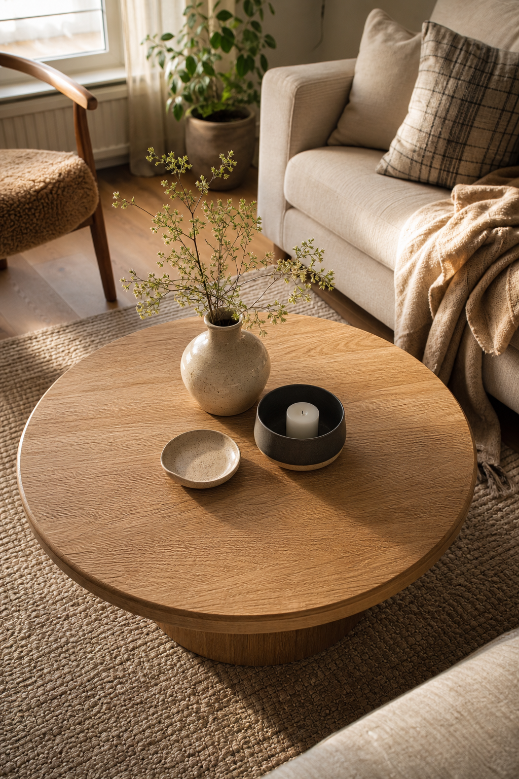 Runder Holzcouchtisch mit LED-Randlicht