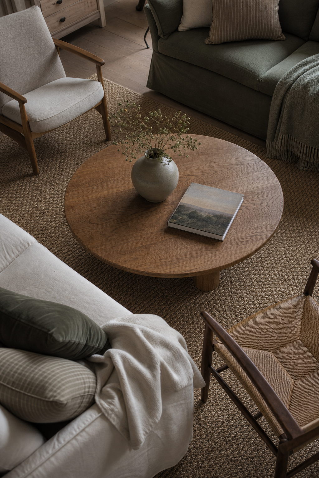 Runder Holztisch mit Vase und Buch