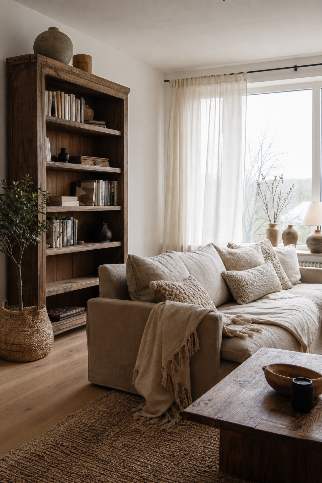 rustikal modernes wohnzimmer mit dunklem holz