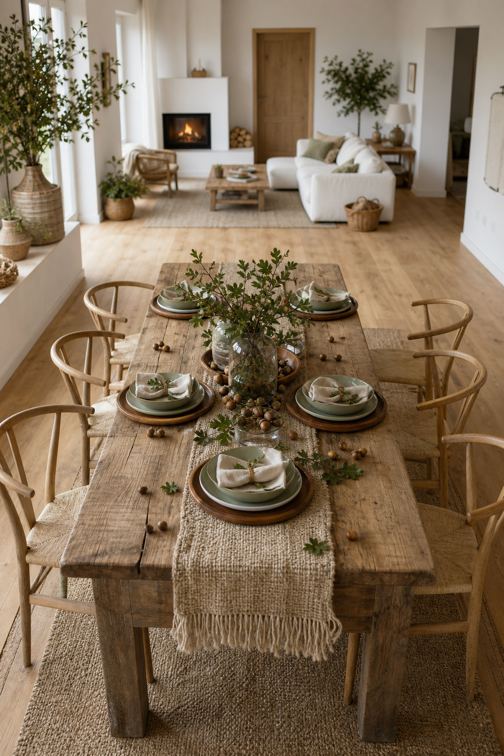 Rustikaler Holztisch mit Jute und Eicheln