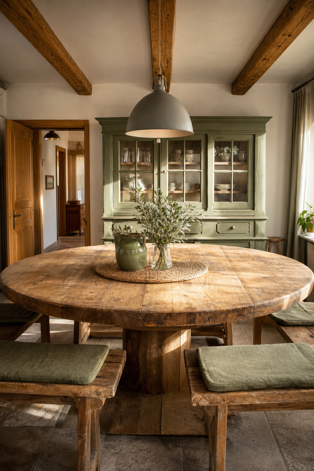 Rustikales Esszimmer mit rundem Holztisch