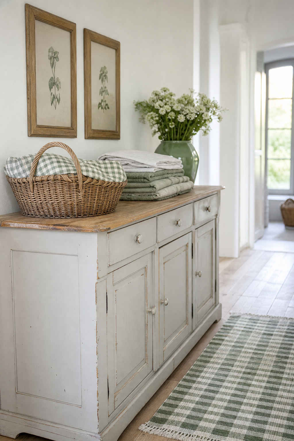 Rustikales Sideboard mit dekorativen Körben
