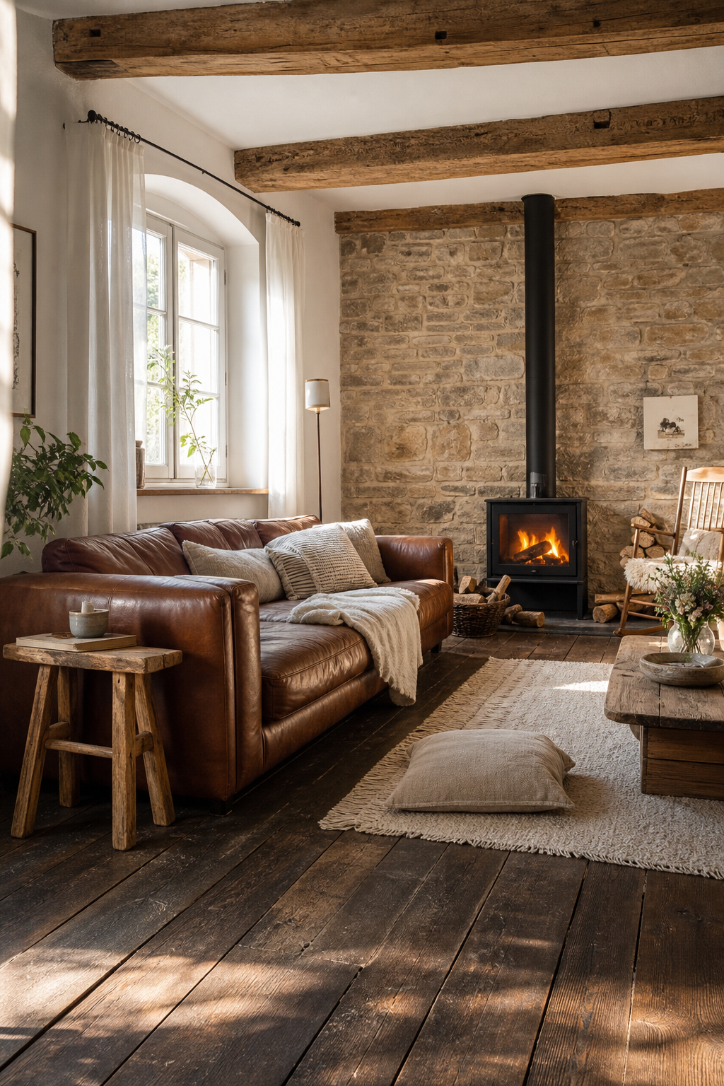 Rustikales Wohnzimmer dunkler Holzboden Kamin