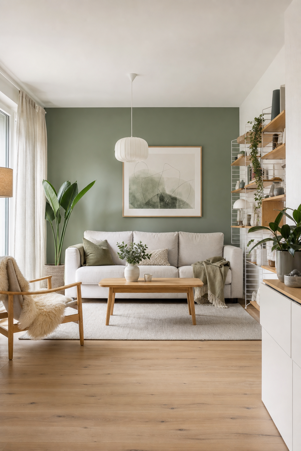 Salbeigrüne Akzentwand mit Sofa