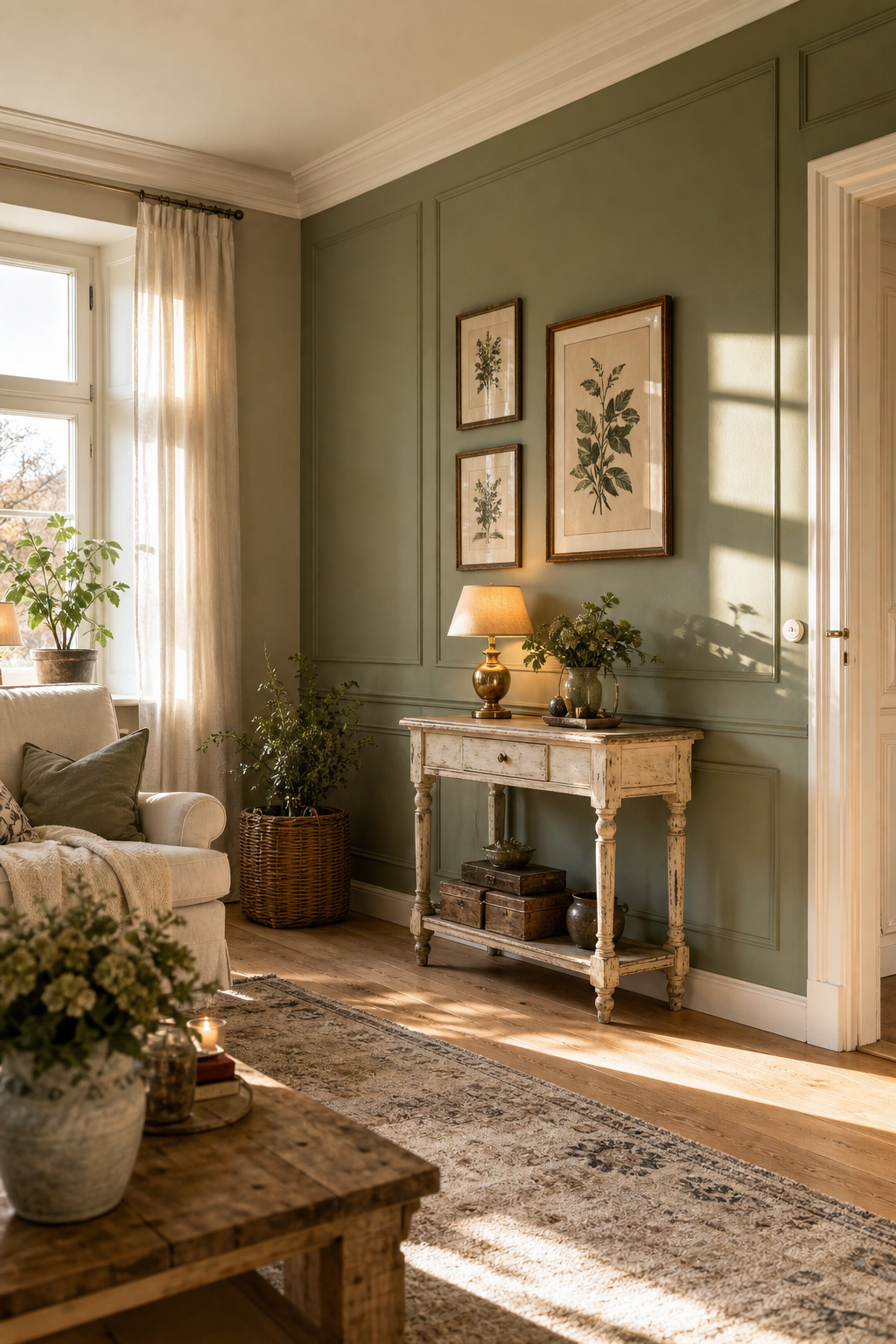 salbeigrüne wand mit botanischen bildern