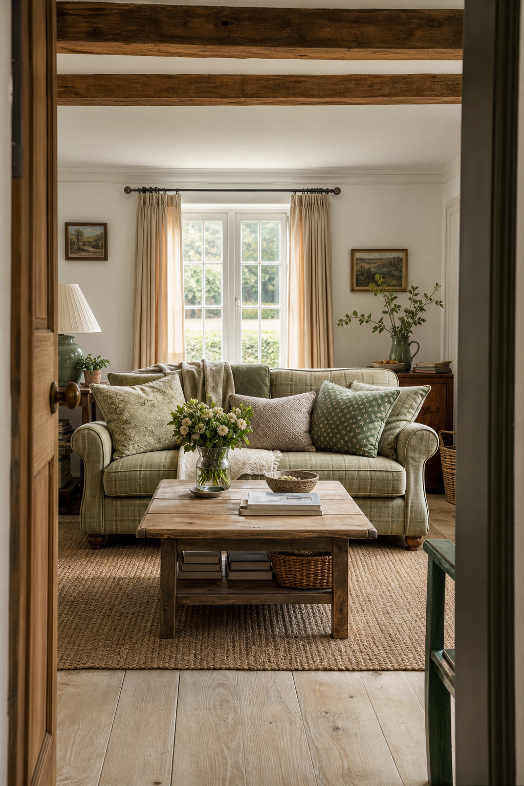 smaragdgrünes sofa im salon-farmhouse