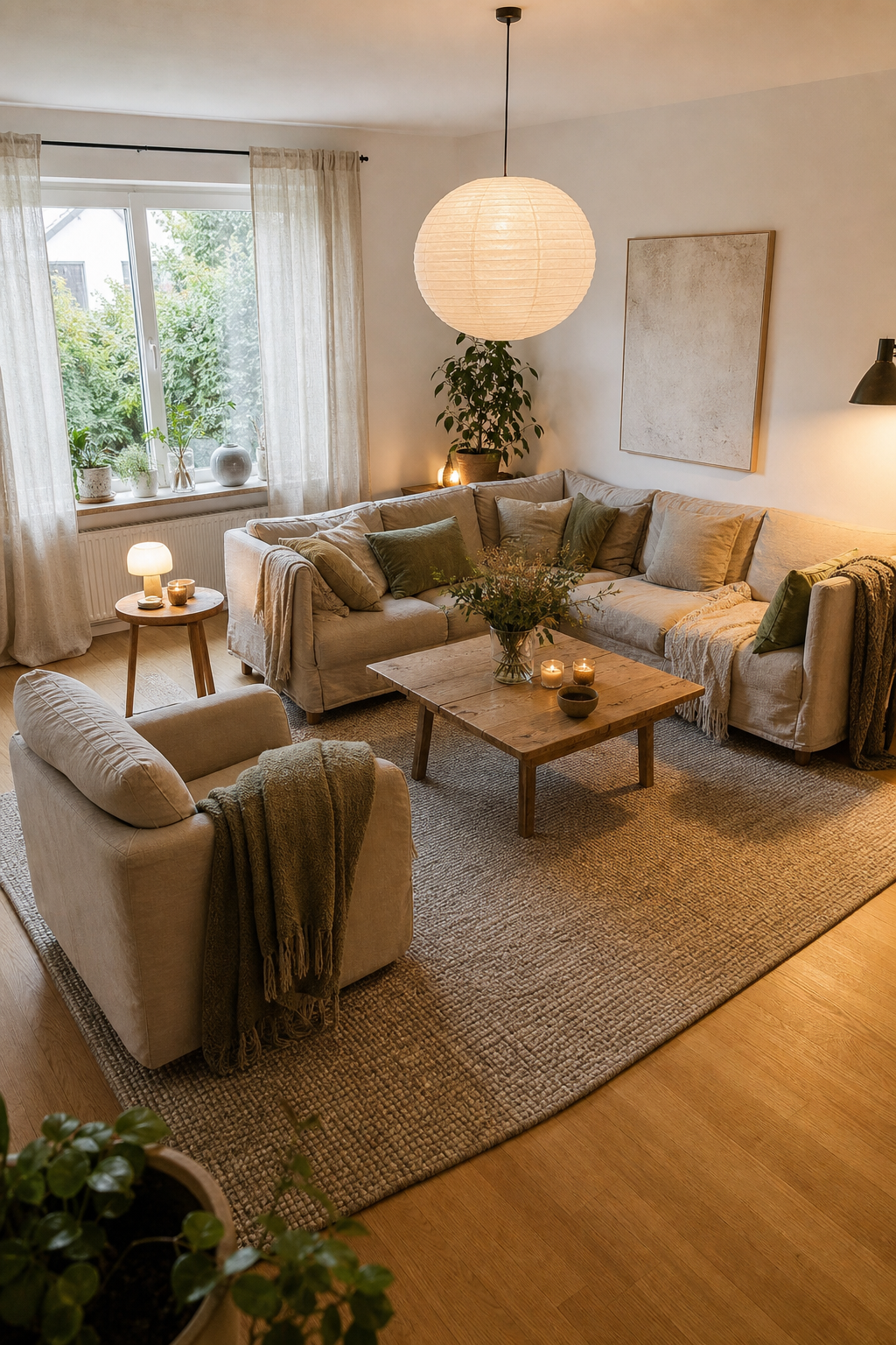 sandfarbene sofas großer wollteppich