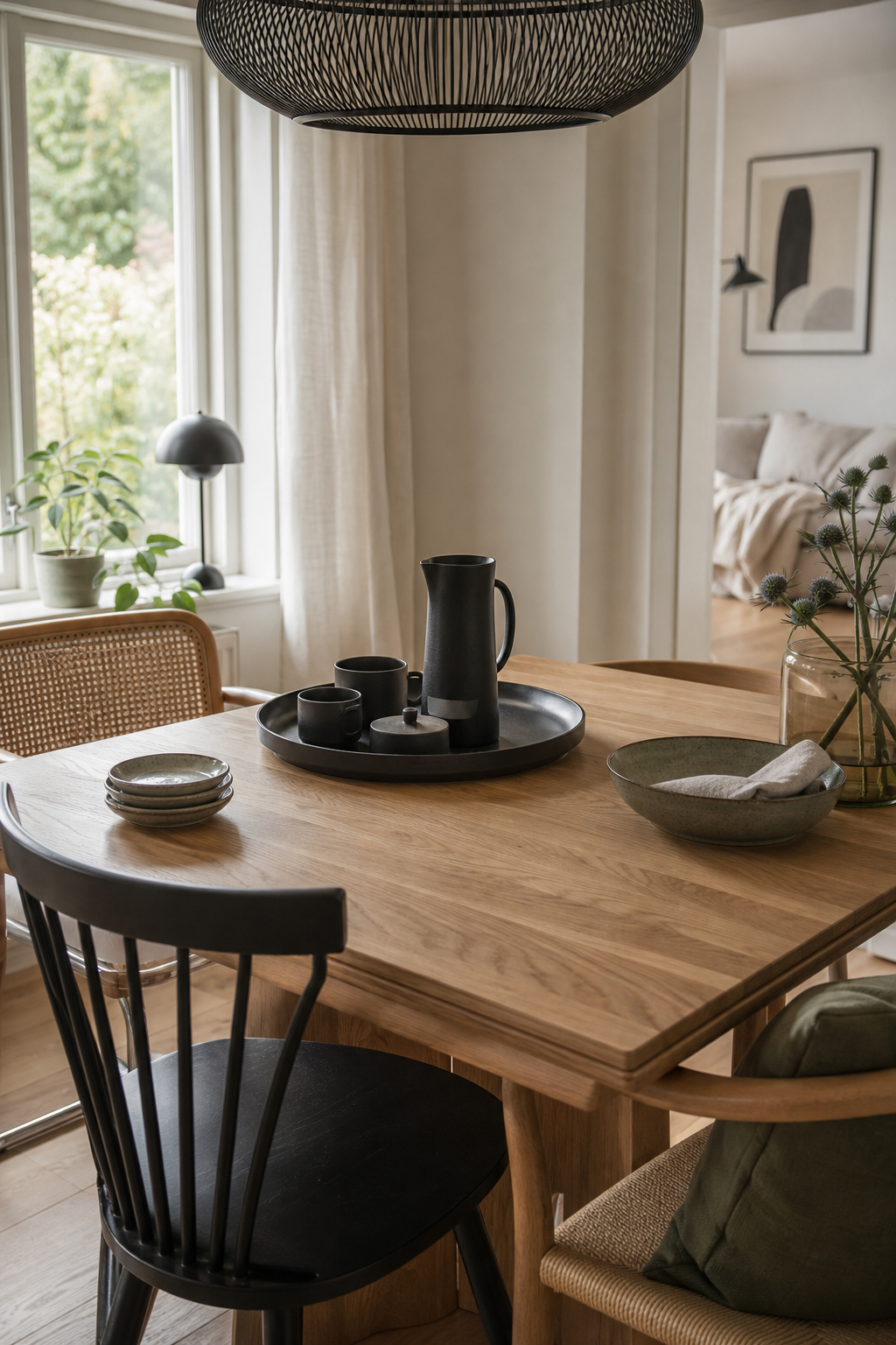 Scandi Esstisch mit schwarzer Deko