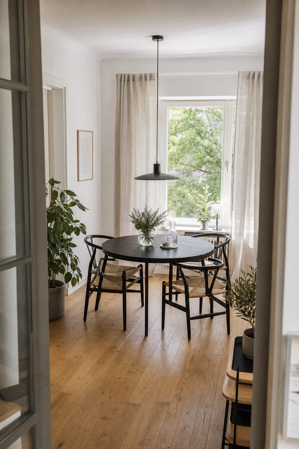 schlanke pendelleuchte über rundem schwarzen tisch