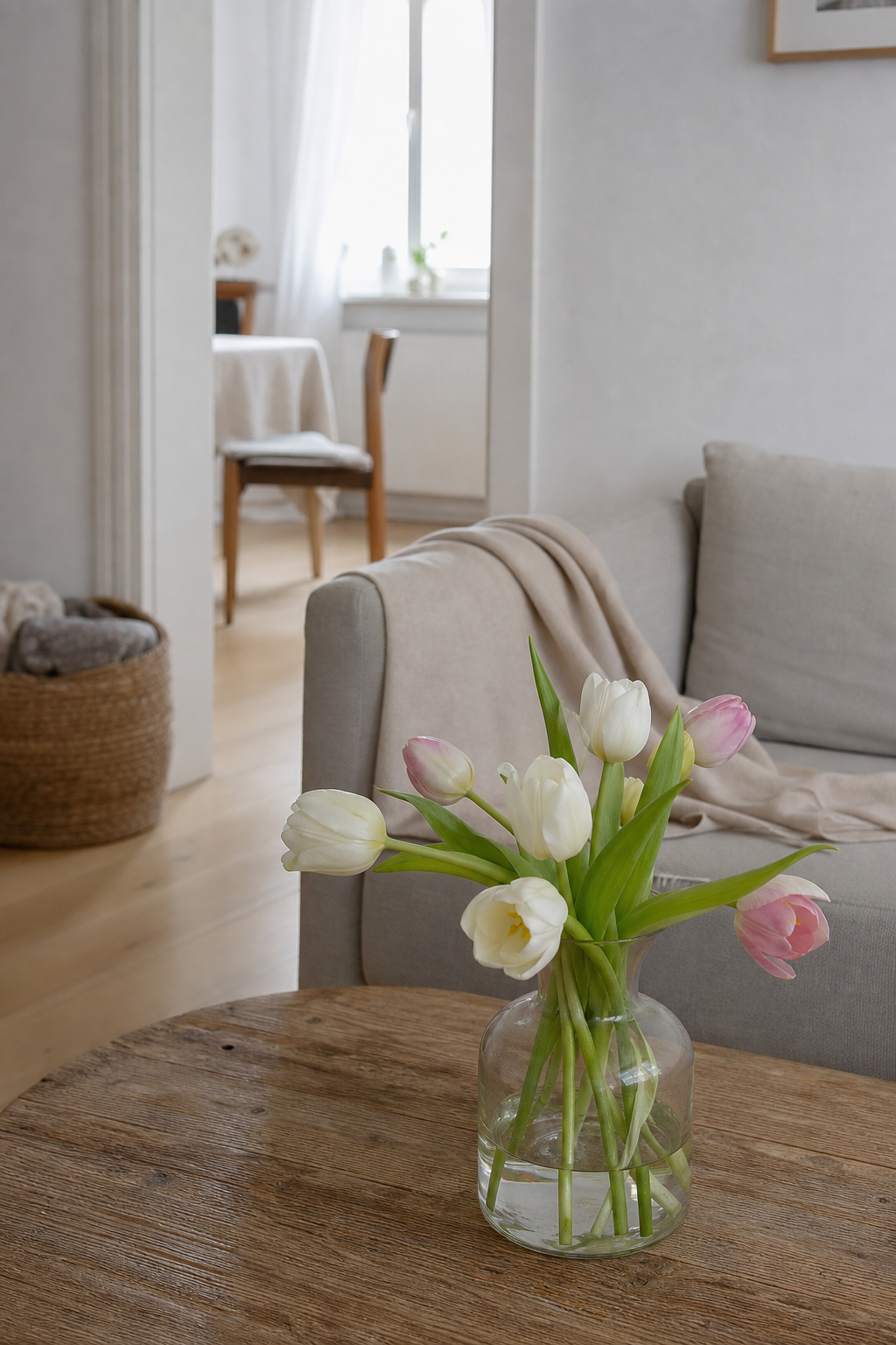 Tulpen in kurzer Vase, Nahaufnahme