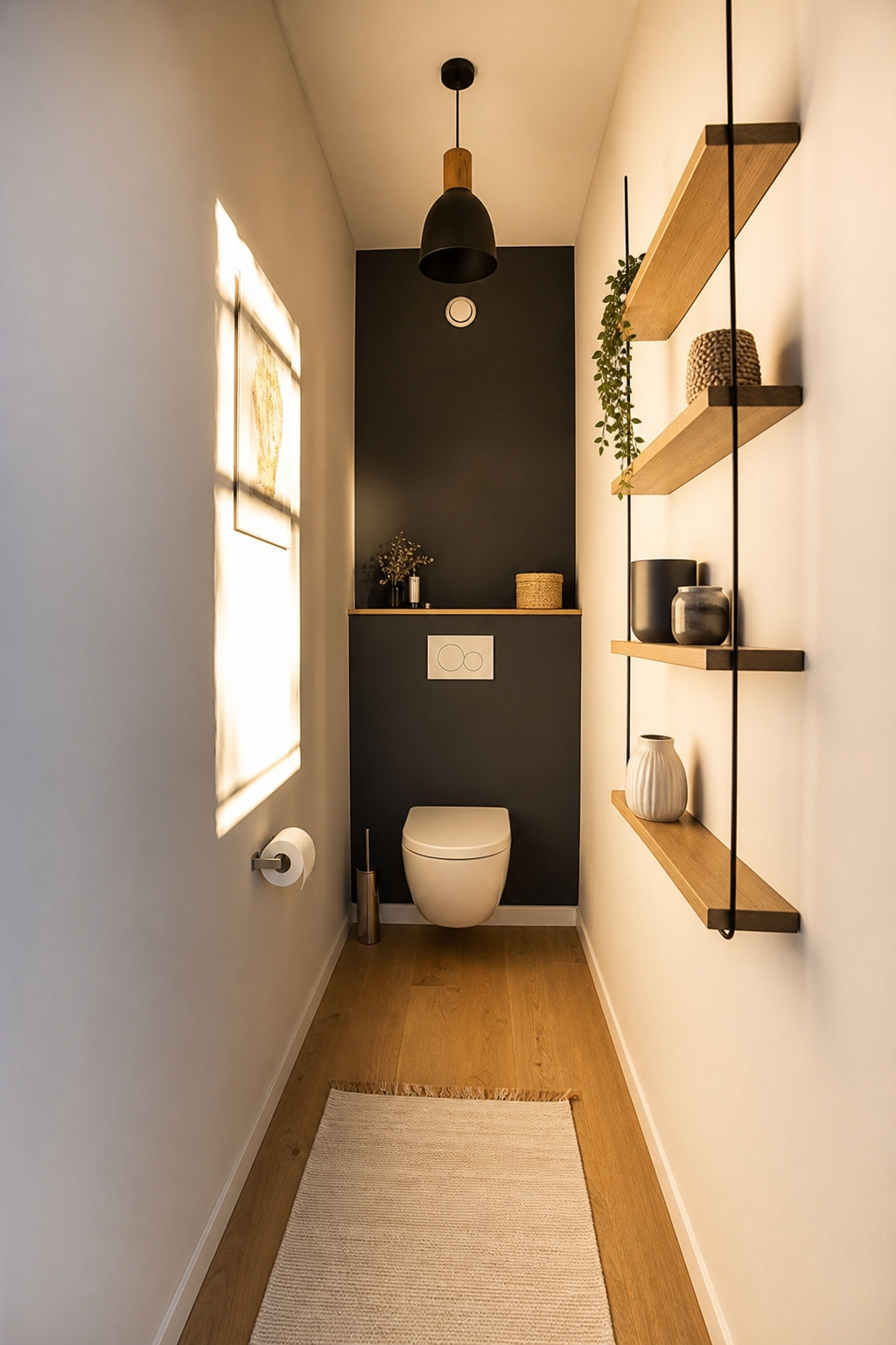 schmale wc-nische dunkle akzentwand