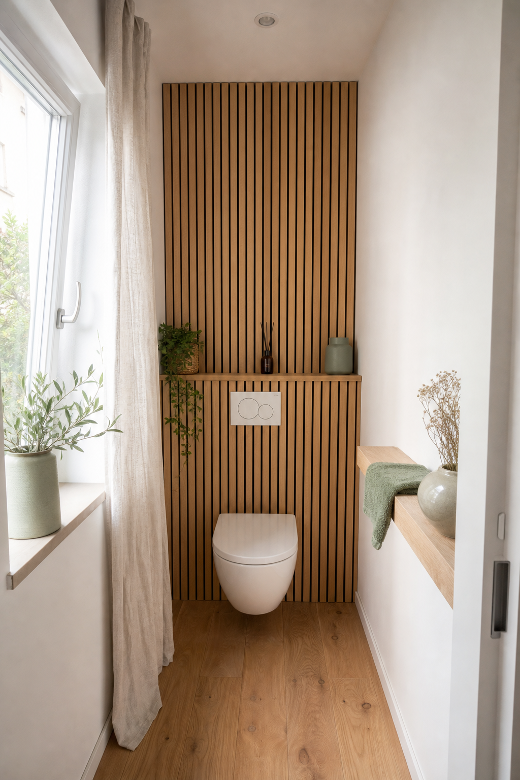 Schmales WC mit Holzlamellenrückwand