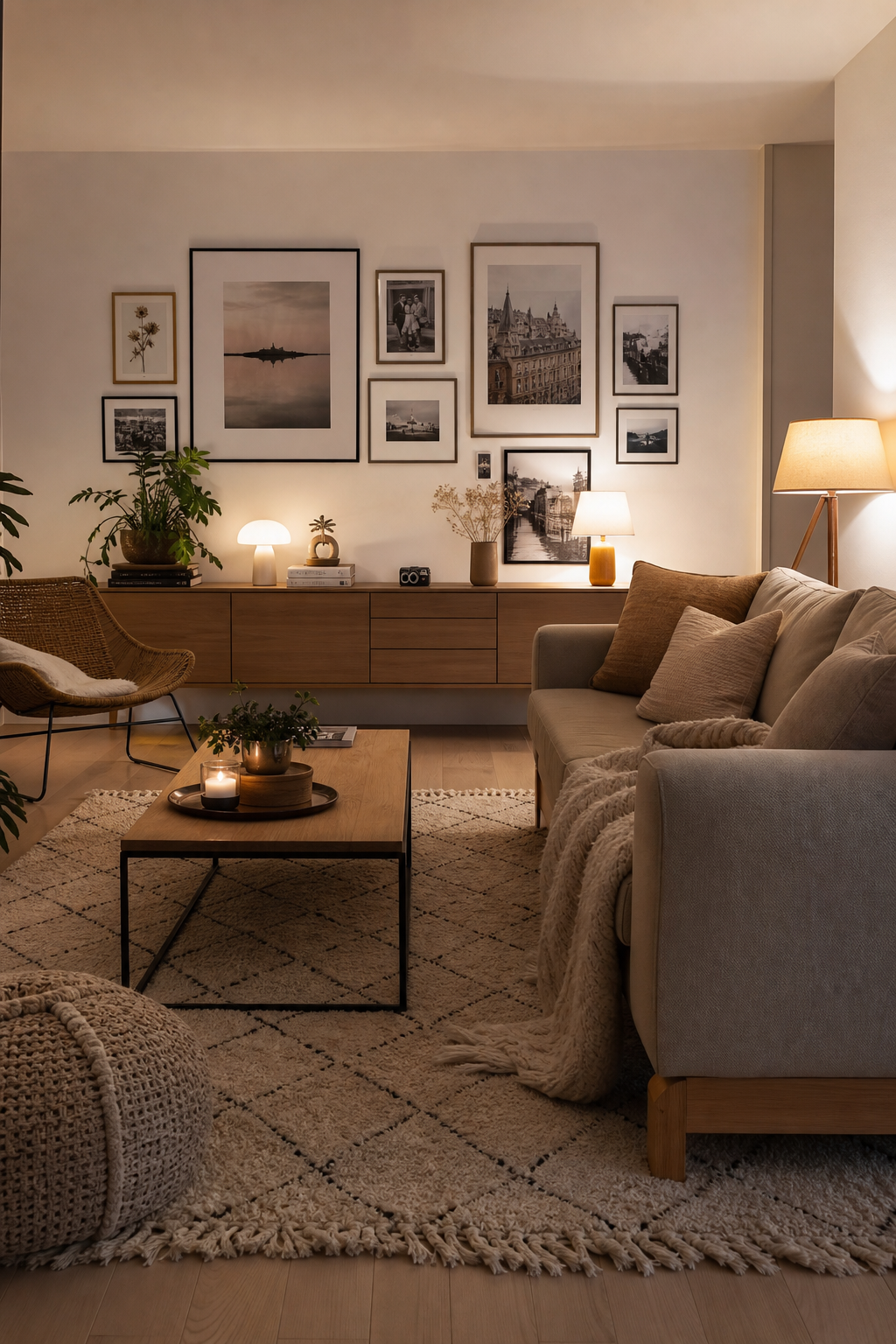 Gallery wall über Konsole im fensterlosen Wohnzimmer