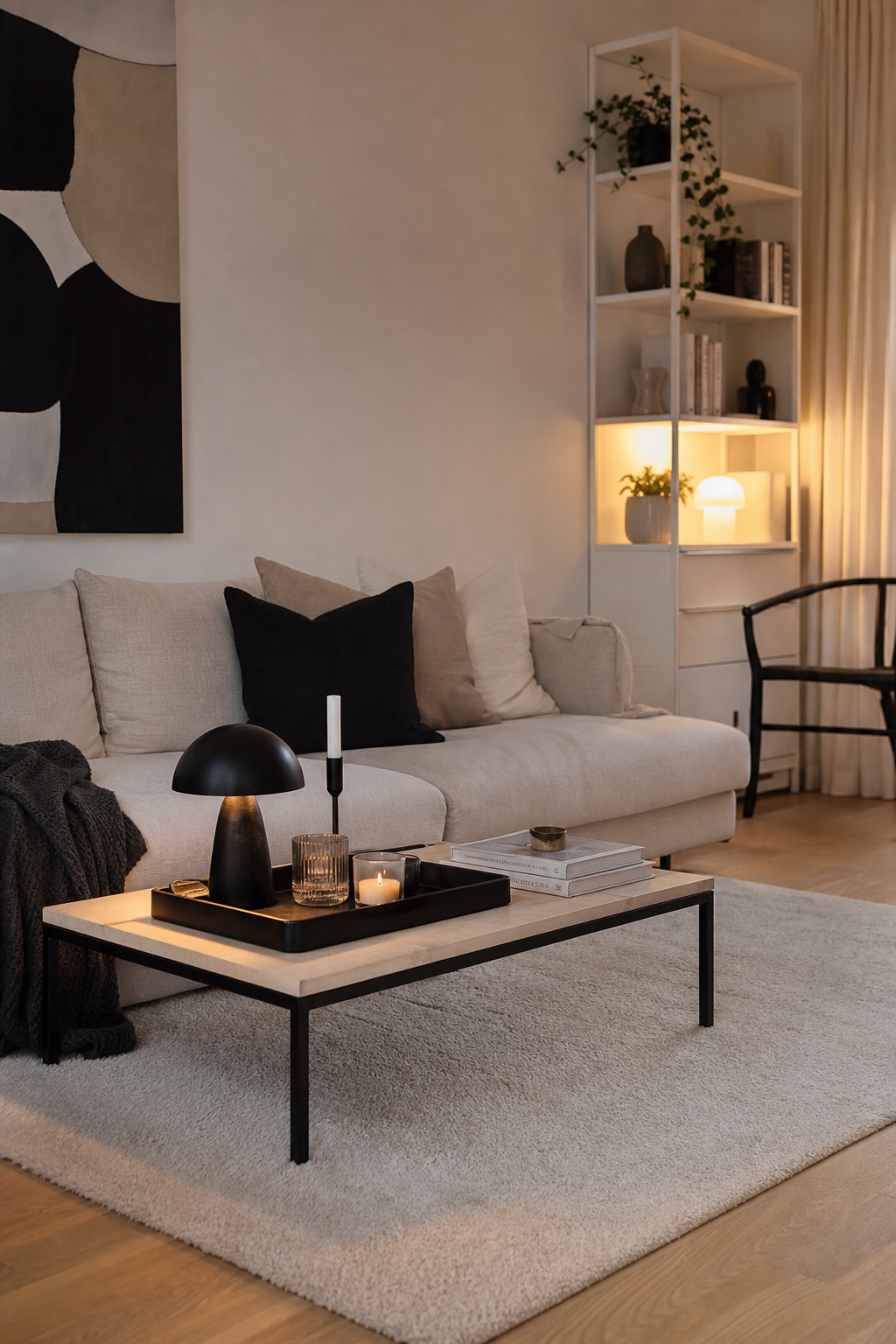 schwarz beiges couchtisch setup nahaufnahme